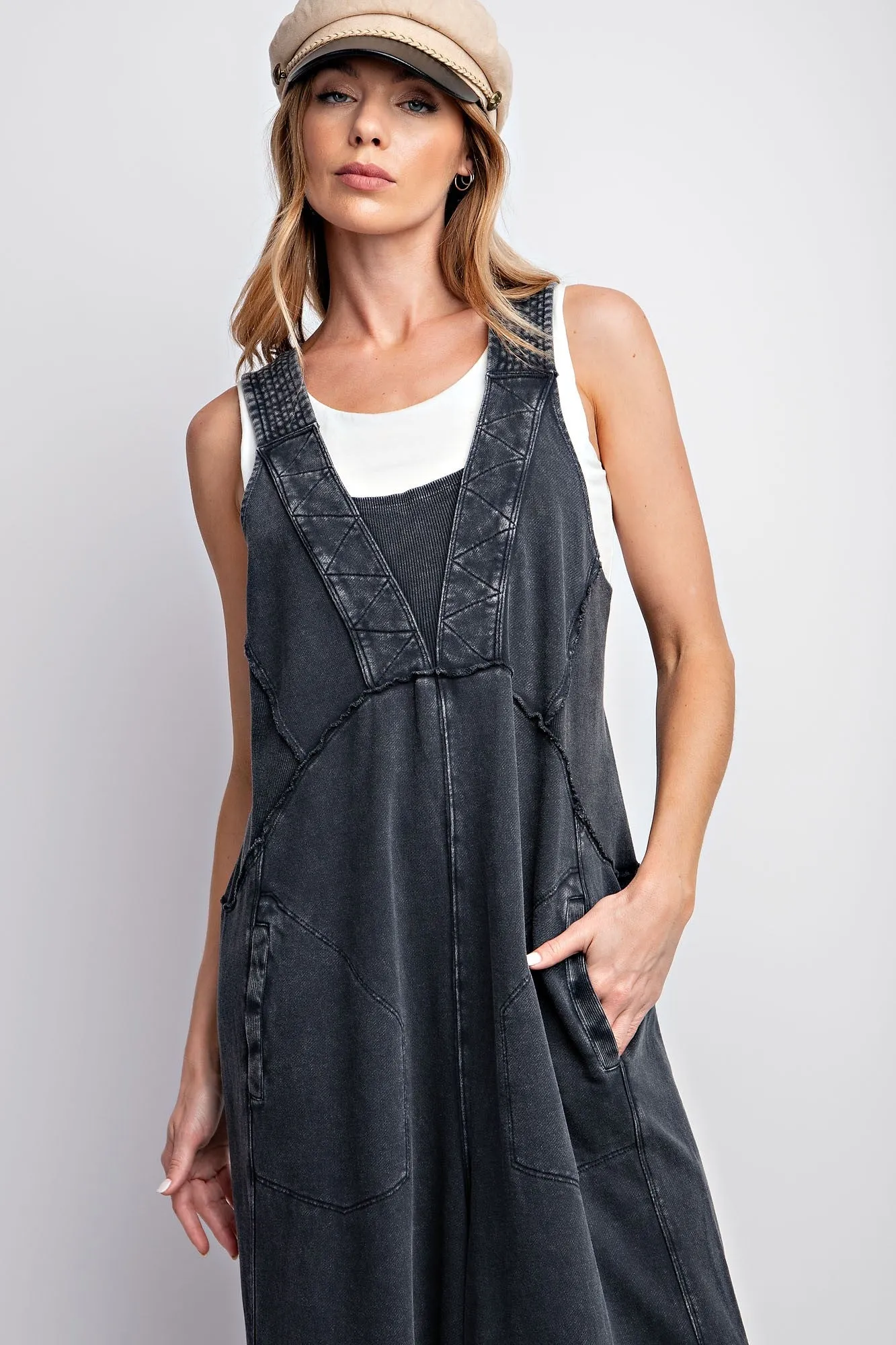 Easel Mineral Washed Terry Knit Jumpsuit in Black ON ORDER