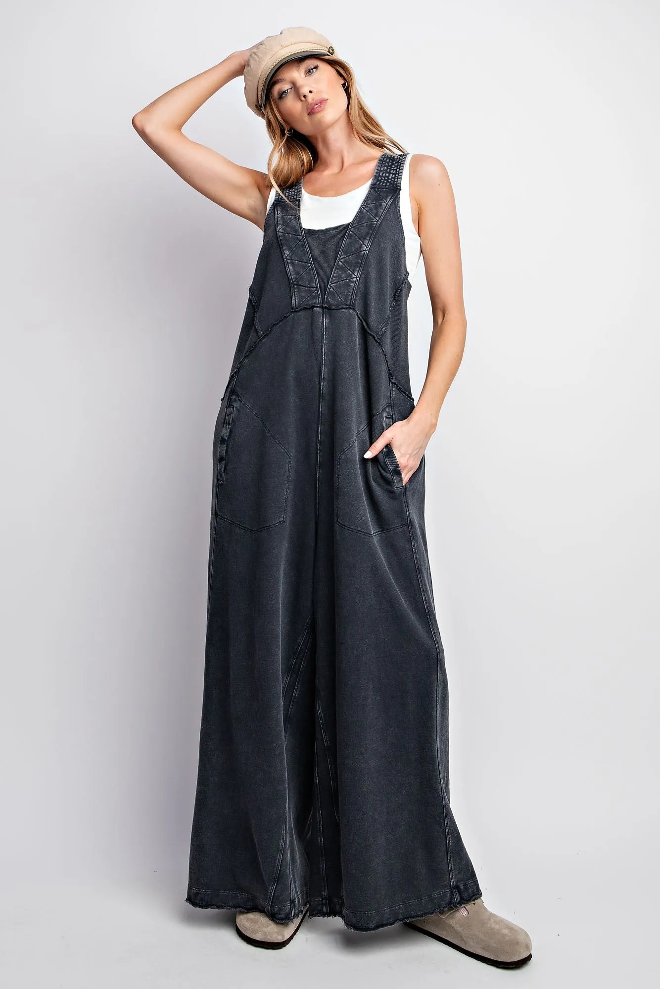 Easel Mineral Washed Terry Knit Jumpsuit in Black ON ORDER