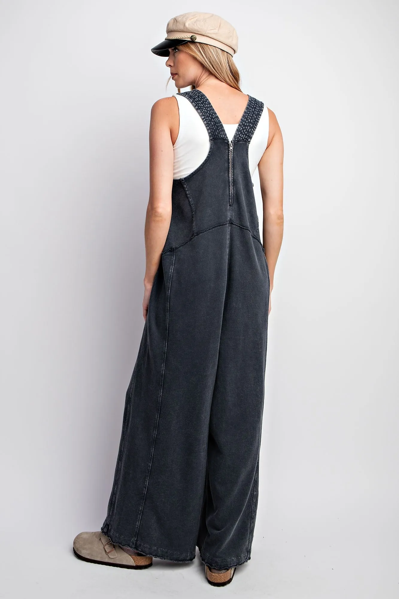 Easel Mineral Washed Terry Knit Jumpsuit in Black ON ORDER