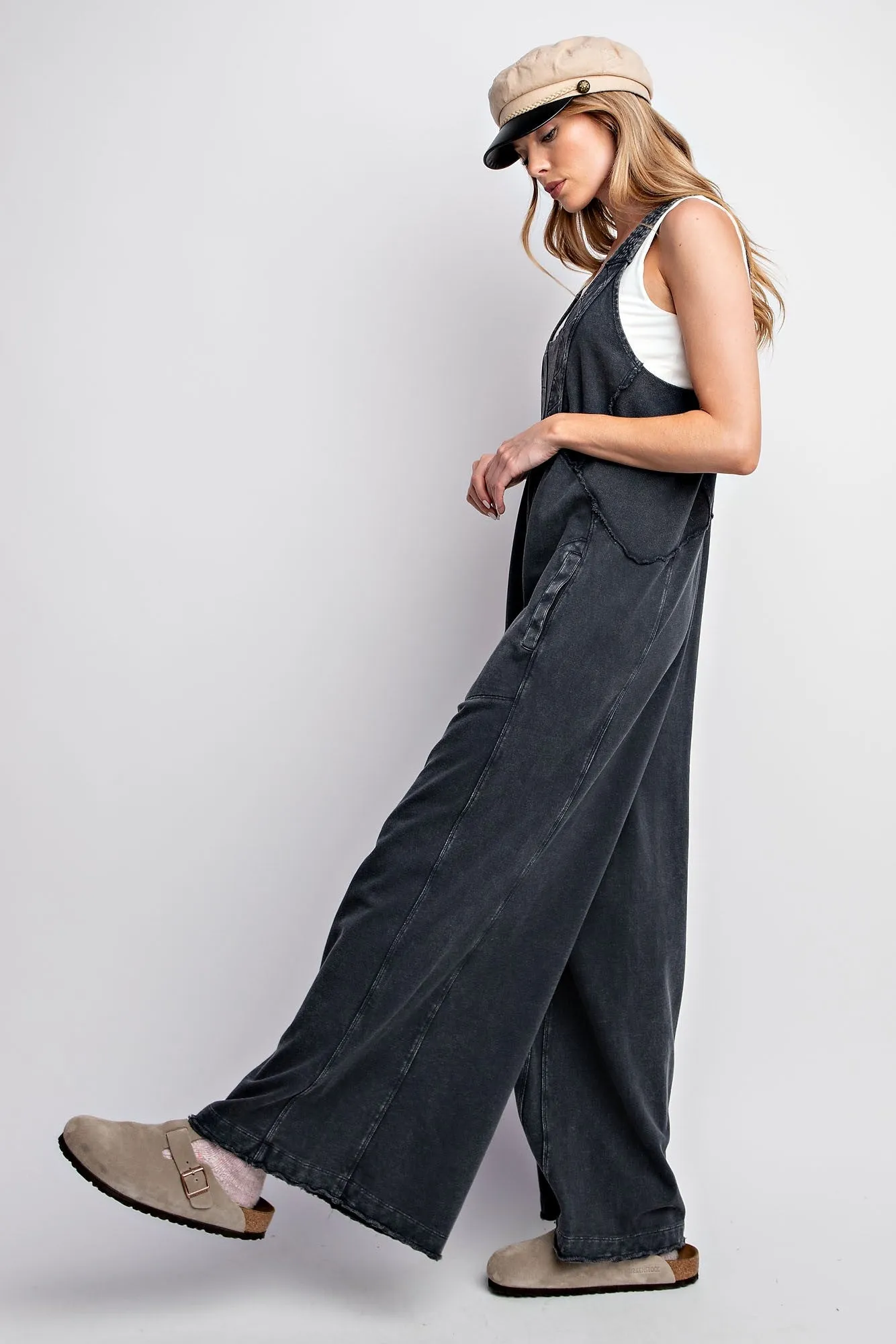 Easel Mineral Washed Terry Knit Jumpsuit in Black ON ORDER