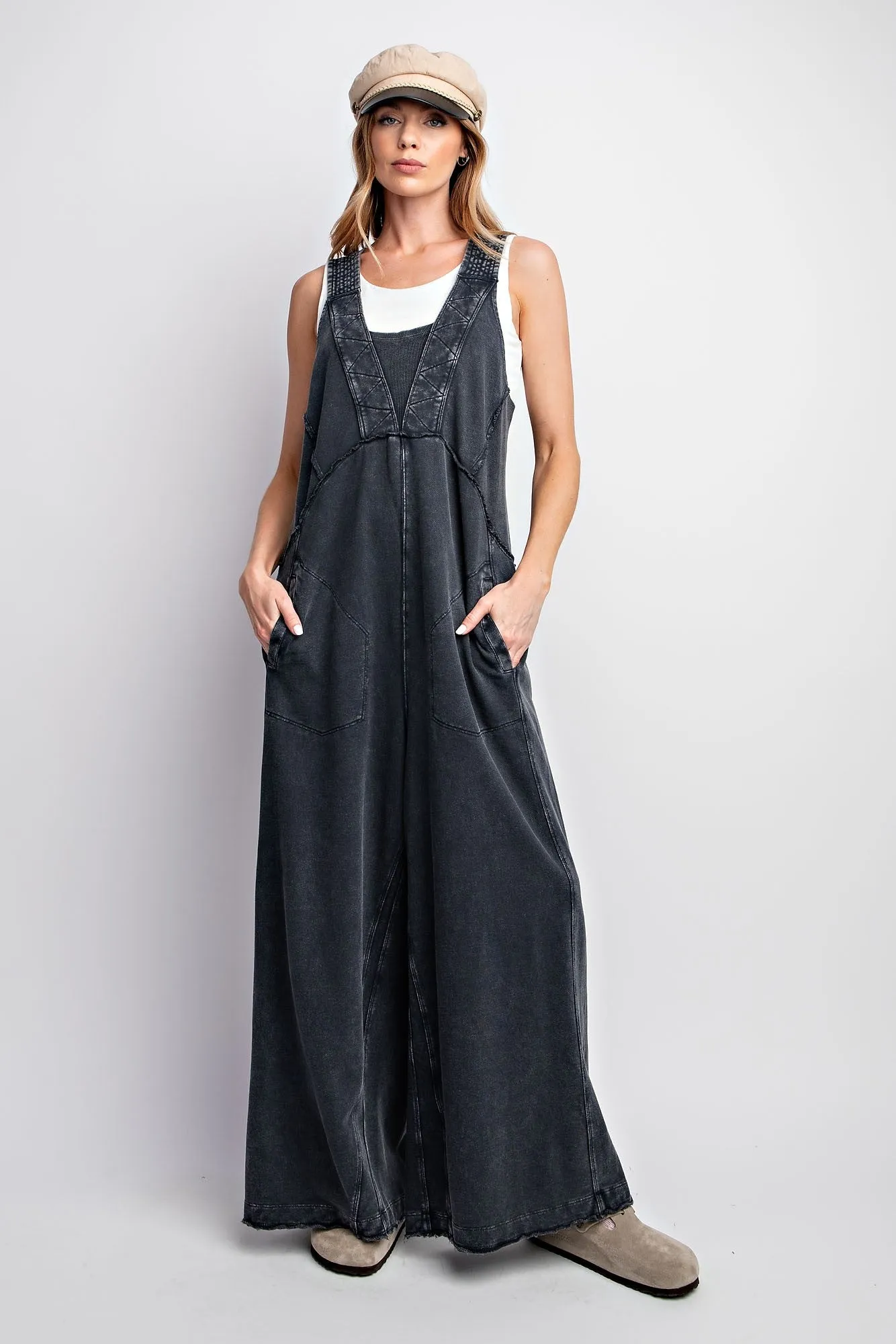 Easel Mineral Washed Terry Knit Jumpsuit in Black ON ORDER