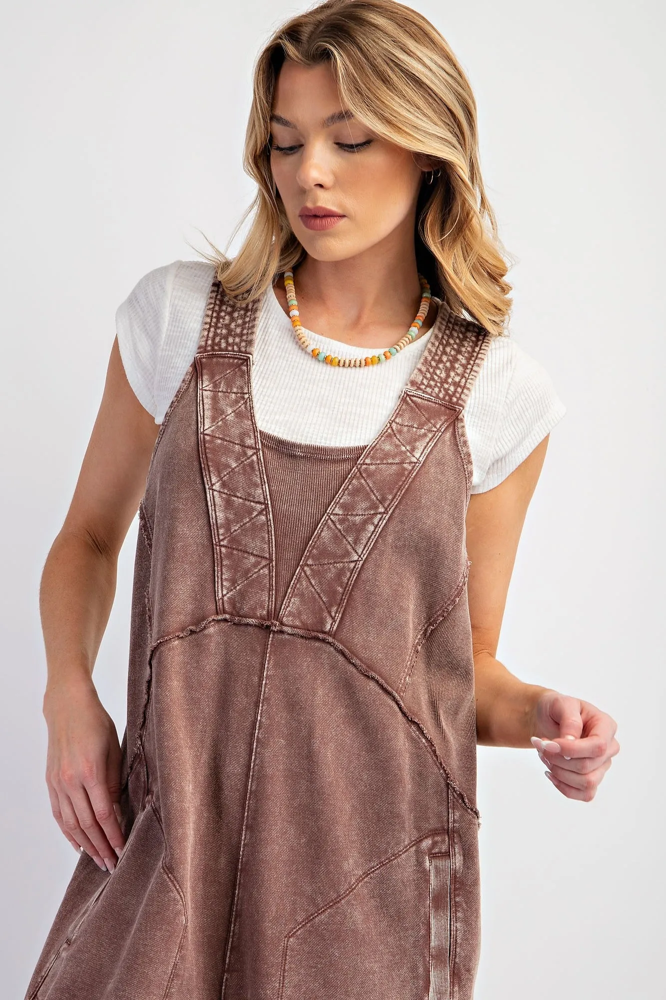 Easel Mineral Washed Terry Knit Jumpsuit in Chocolate