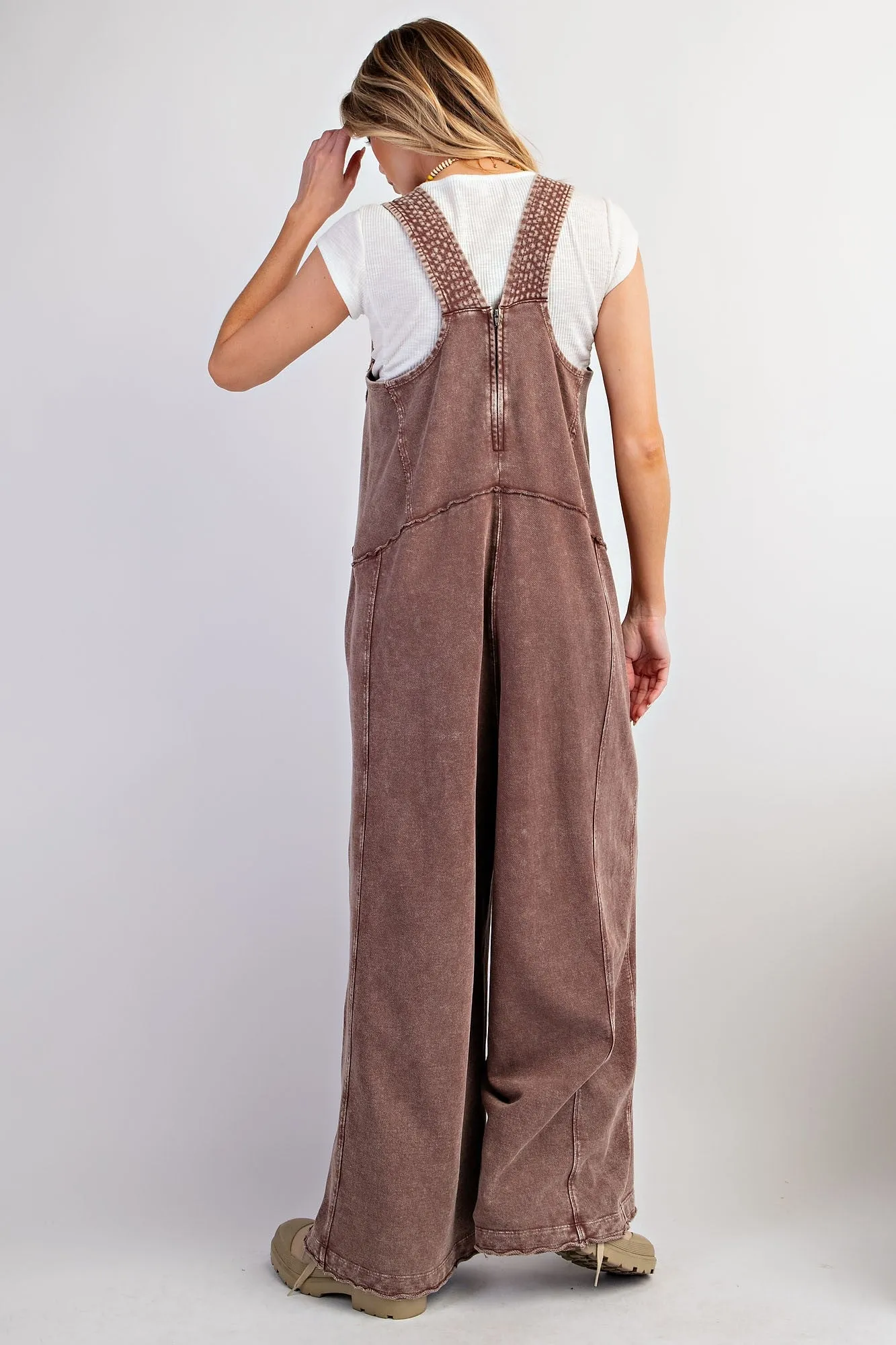 Easel Mineral Washed Terry Knit Jumpsuit in Chocolate