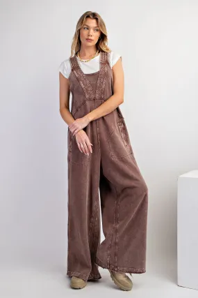 Easel Mineral Washed Terry Knit Jumpsuit in Chocolate