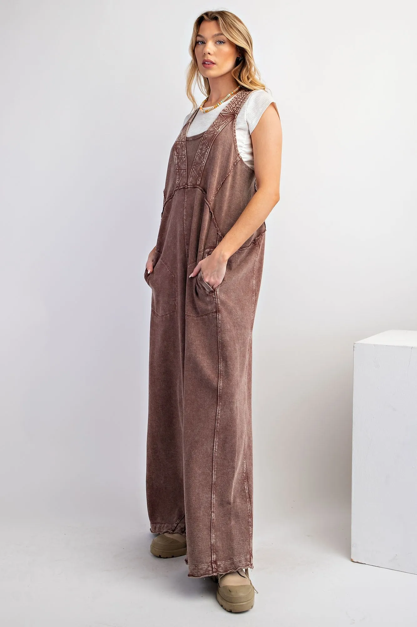 Easel Mineral Washed Terry Knit Jumpsuit in Chocolate