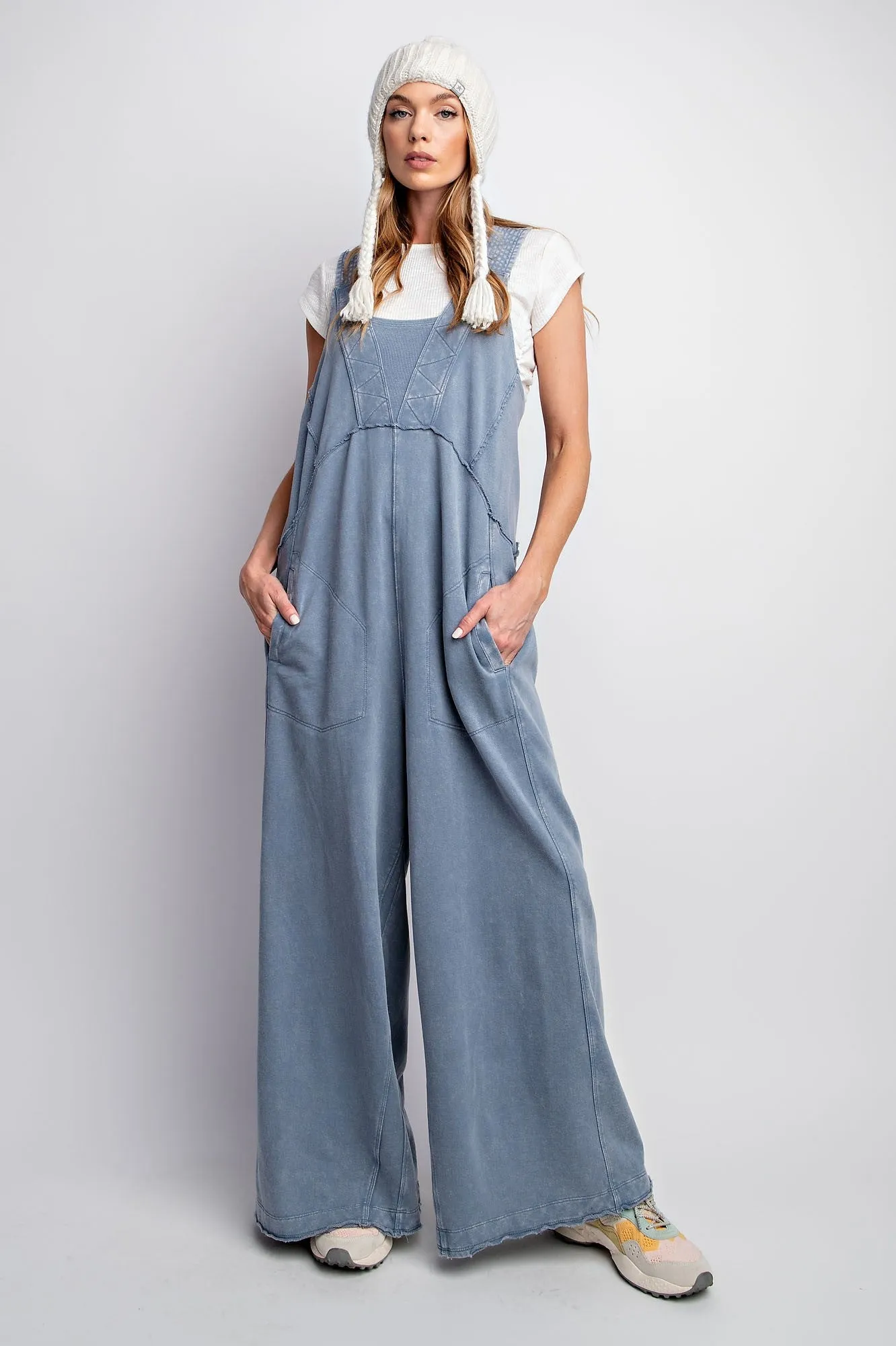 Easel Mineral Washed Terry Knit Jumpsuit in Denim ON ORDER