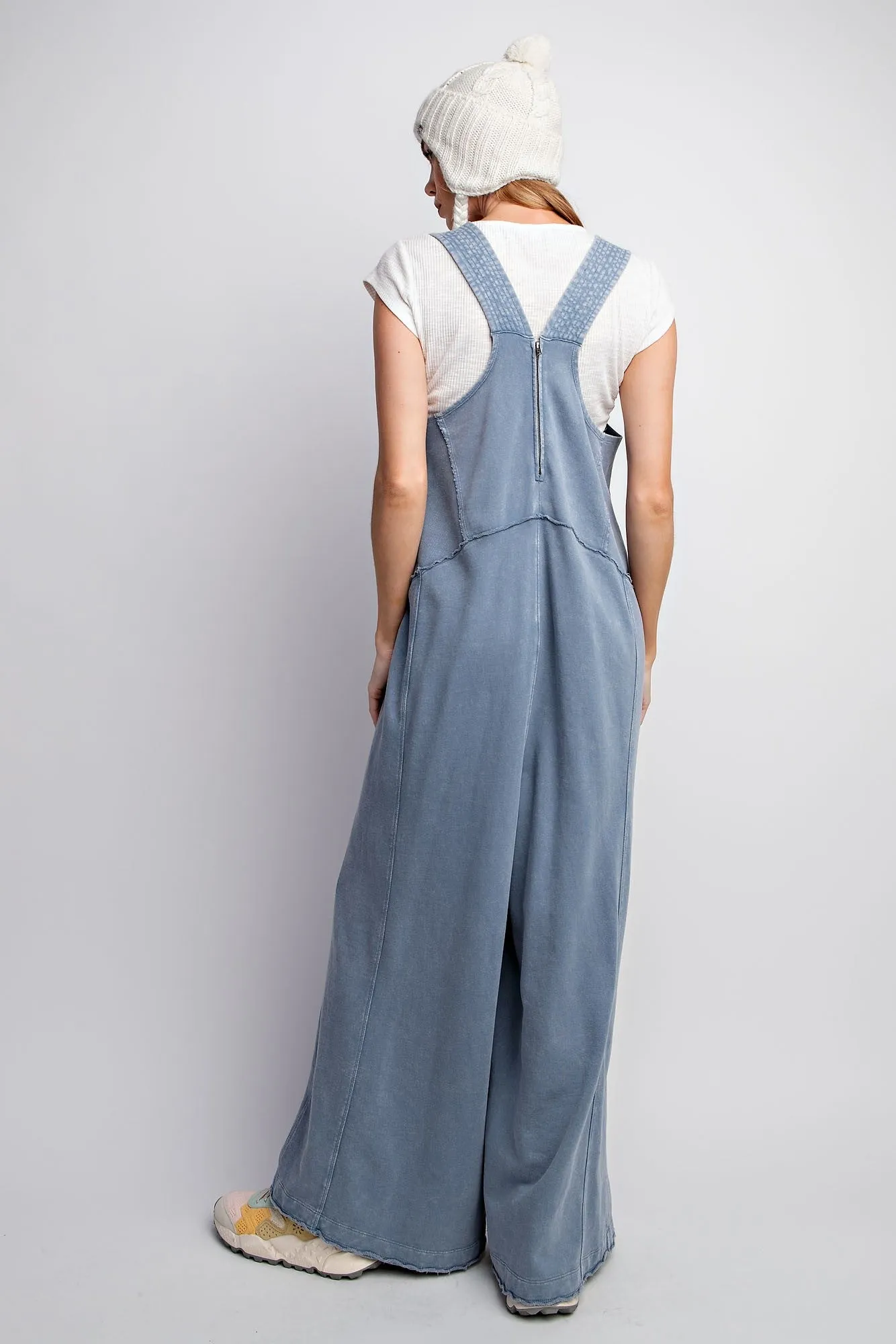 Easel Mineral Washed Terry Knit Jumpsuit in Denim ON ORDER