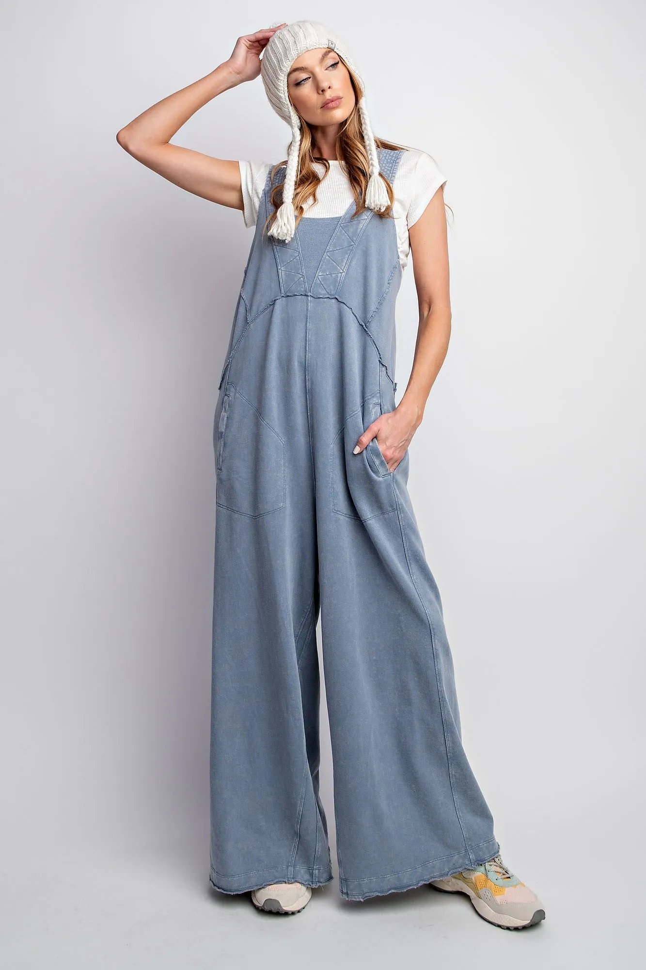 Easel Mineral Washed Terry Knit Jumpsuit in Denim ON ORDER