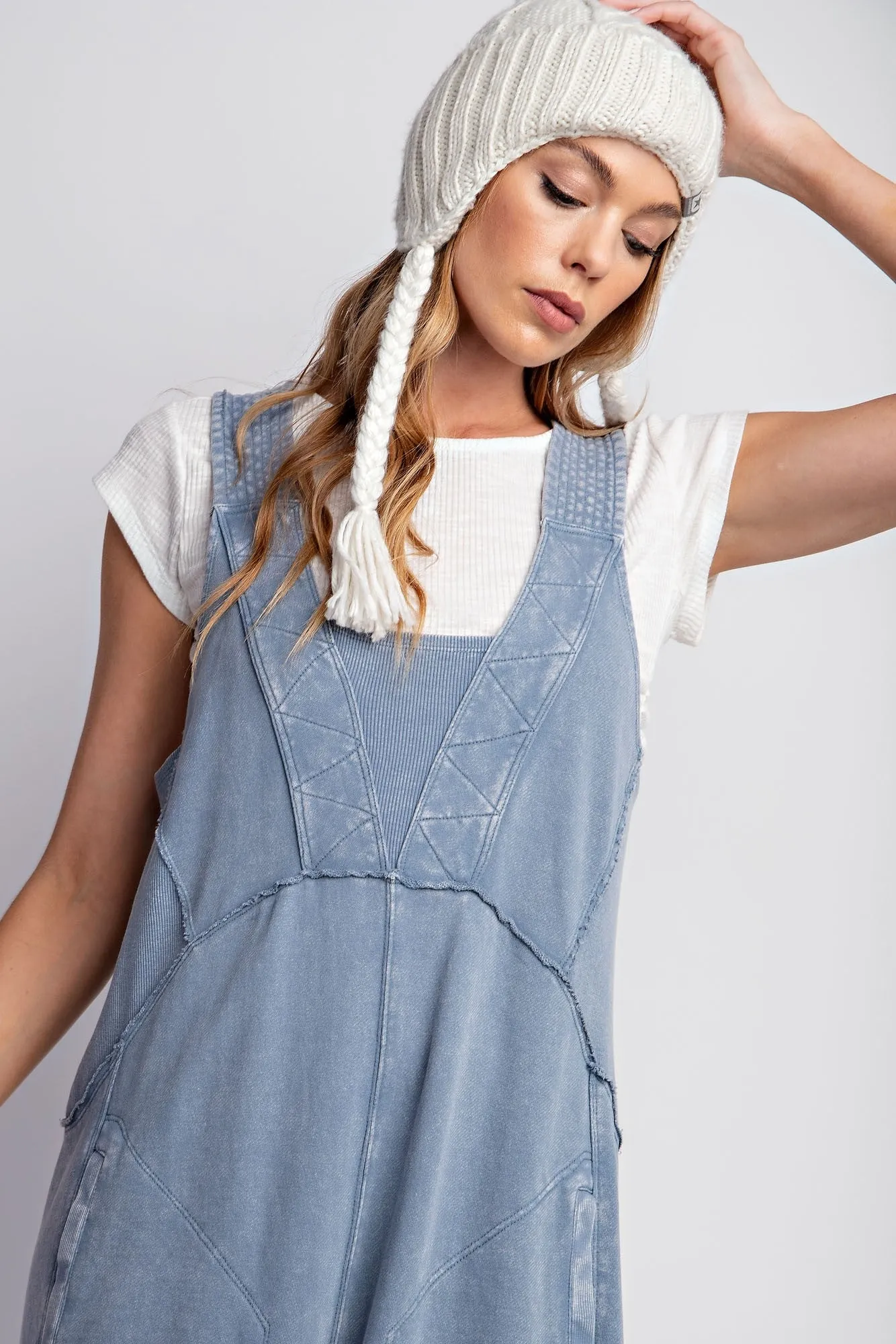 Easel Mineral Washed Terry Knit Jumpsuit in Denim ON ORDER