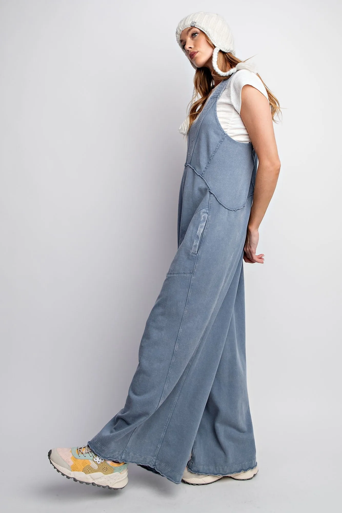 Easel Mineral Washed Terry Knit Jumpsuit in Denim ON ORDER