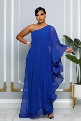 ELEGANCE CAPE ONE SHOULDER WIDE LEG JUMPSUIT