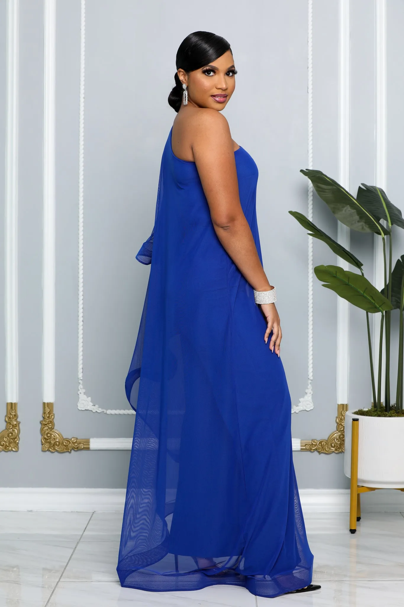 ELEGANCE CAPE ONE SHOULDER WIDE LEG JUMPSUIT