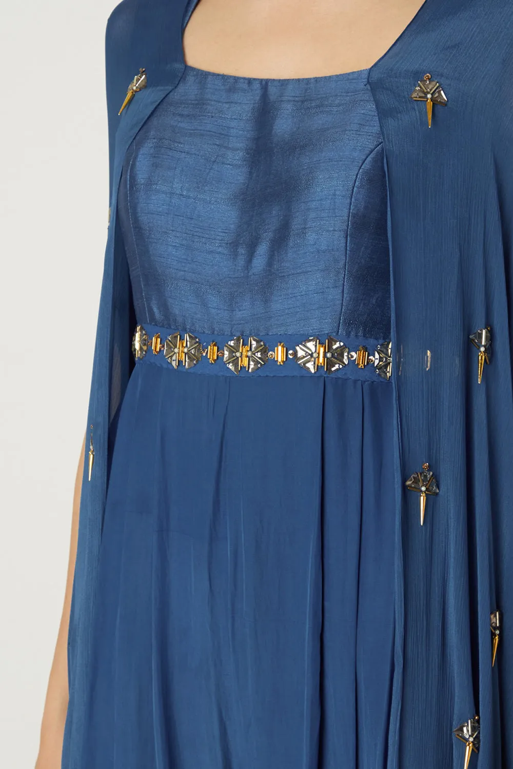 Embroidered Indigo Blue Jumpsuit With Attached Cape