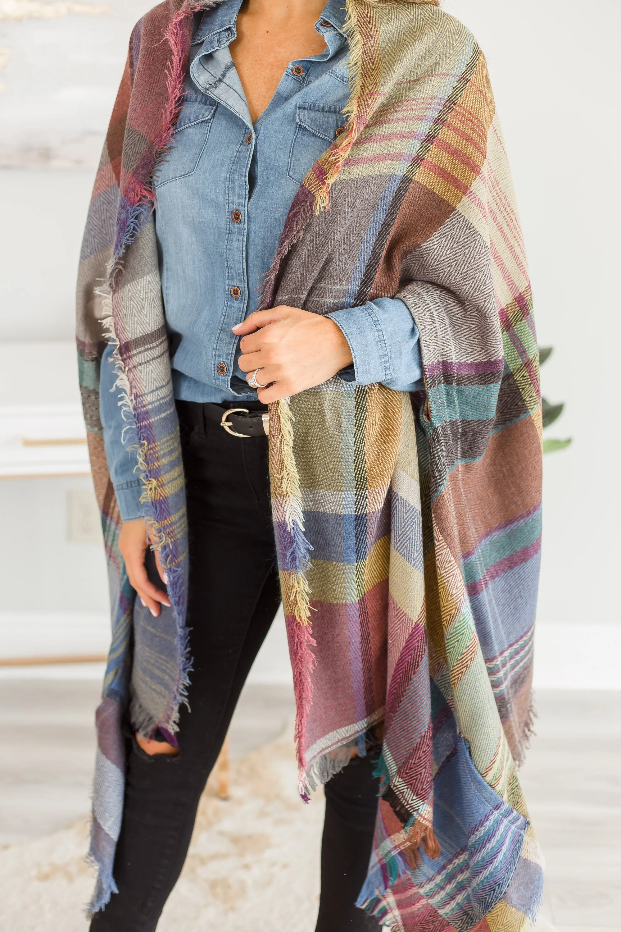 Fall Fun Camel Brown Plaid Open Poncho