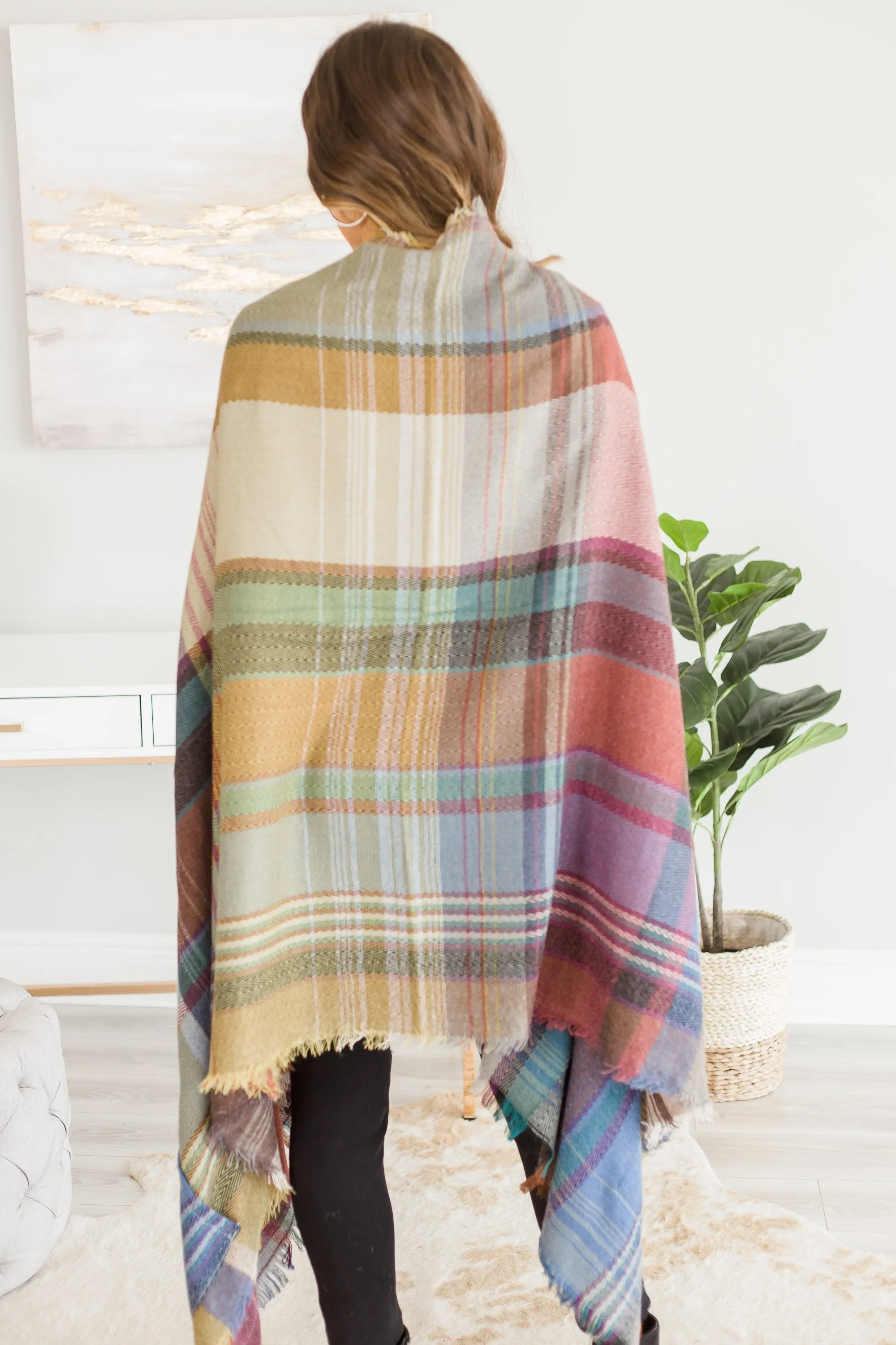 Fall Fun Camel Brown Plaid Open Poncho