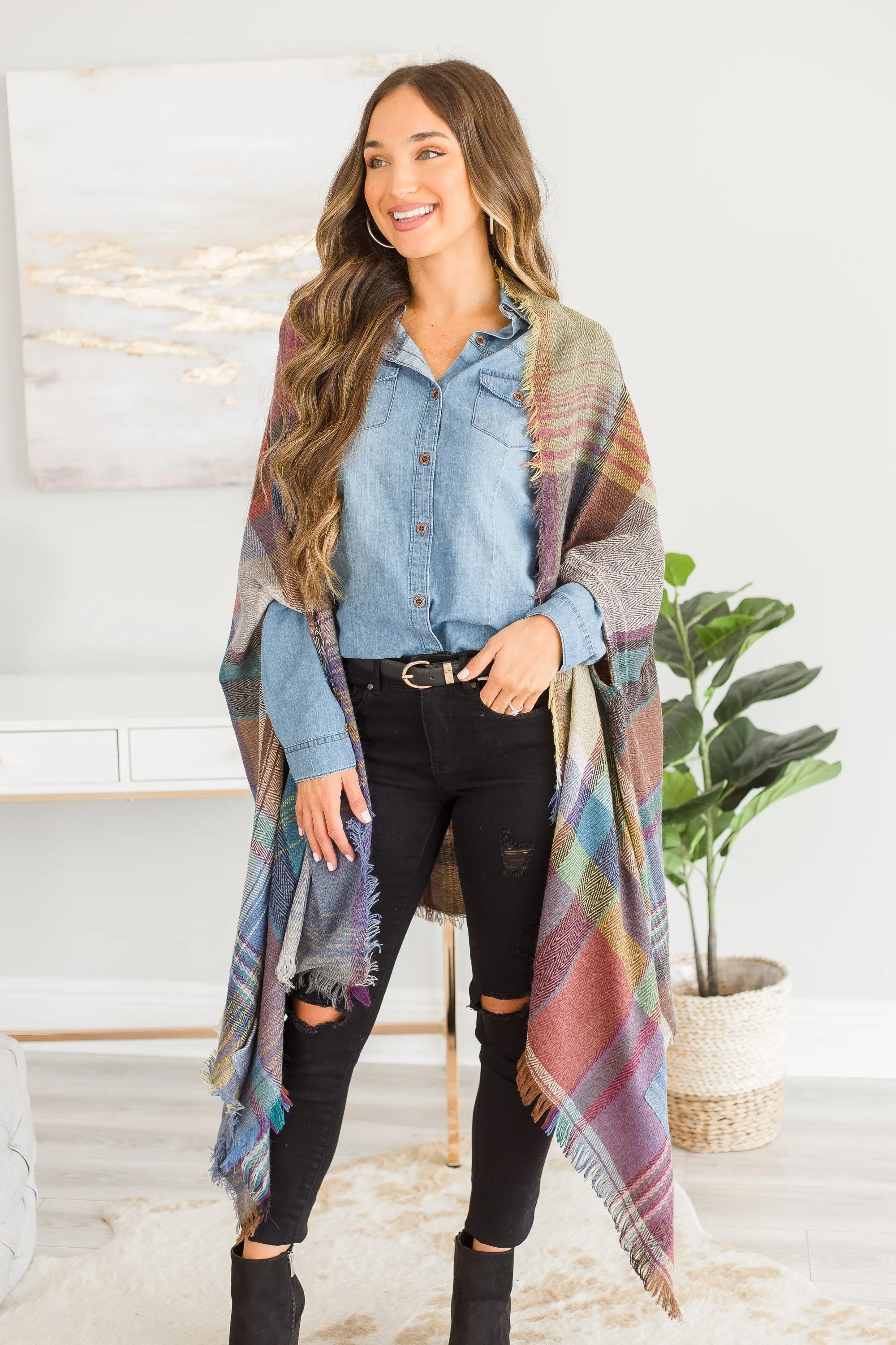 Fall Fun Camel Brown Plaid Open Poncho