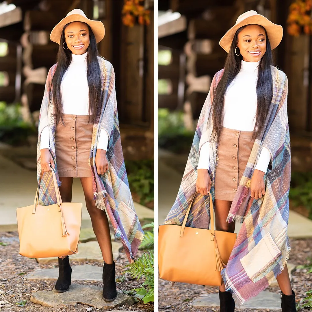 Fall Fun Camel Brown Plaid Open Poncho