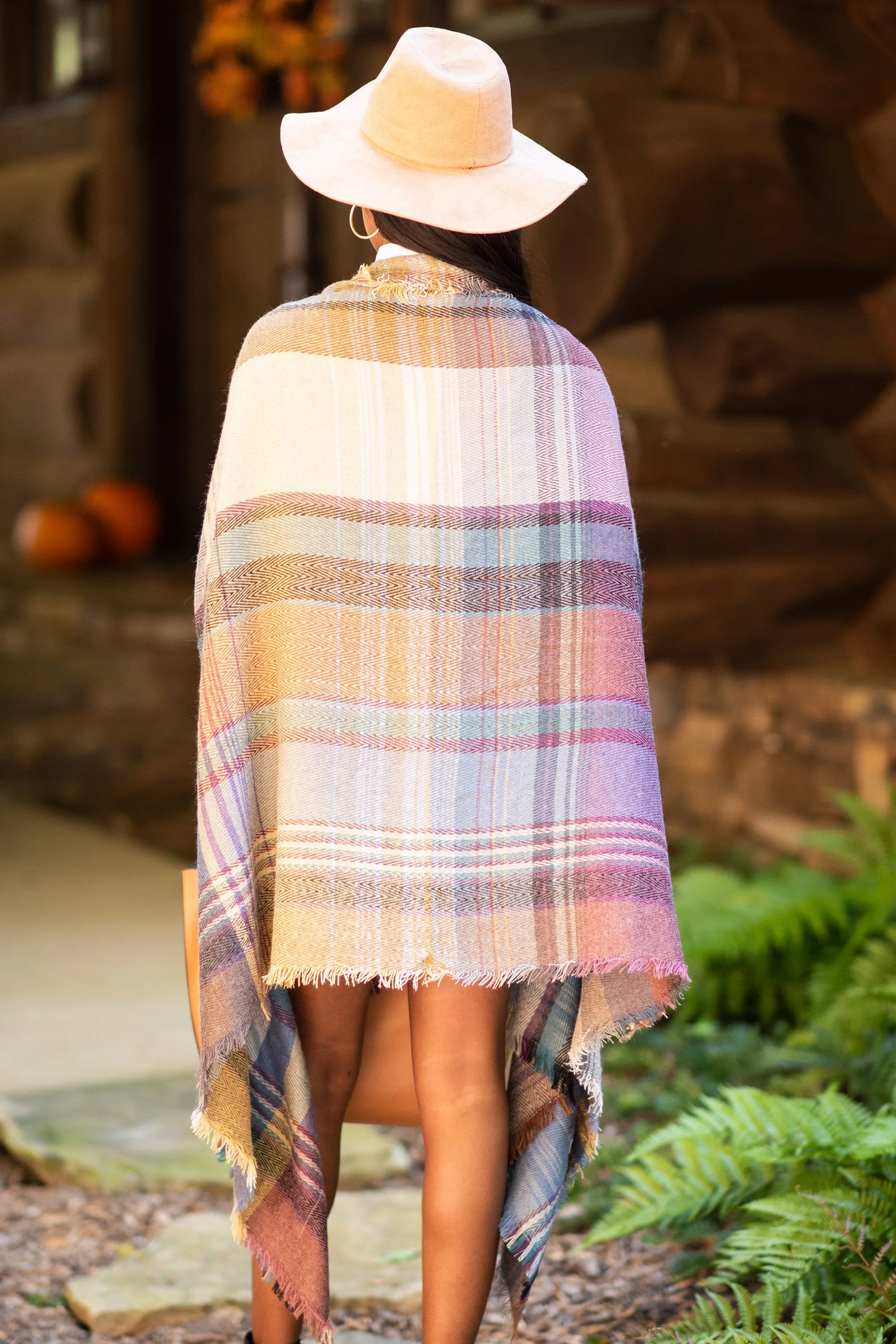 Fall Fun Camel Brown Plaid Open Poncho