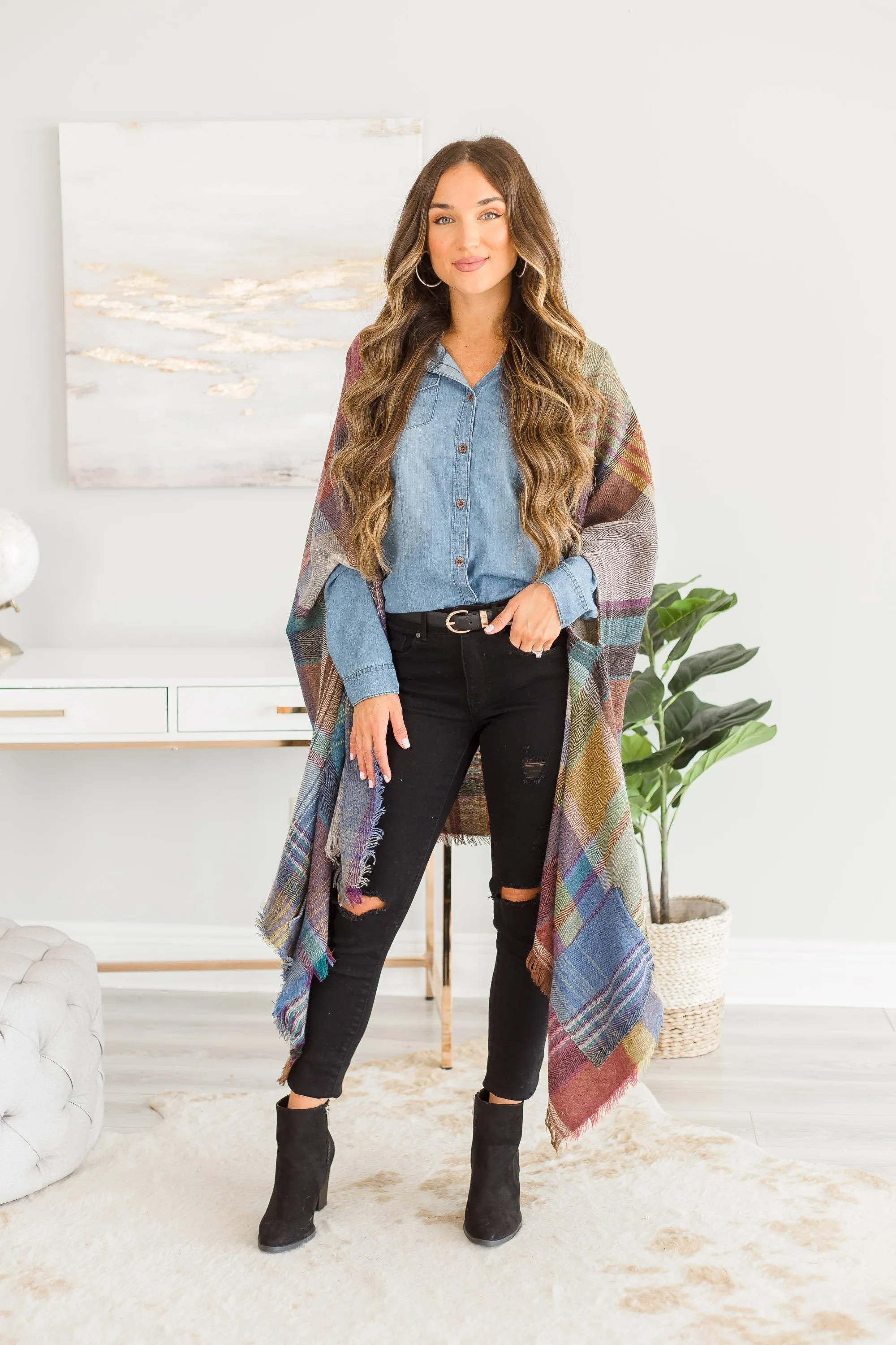 Fall Fun Camel Brown Plaid Open Poncho