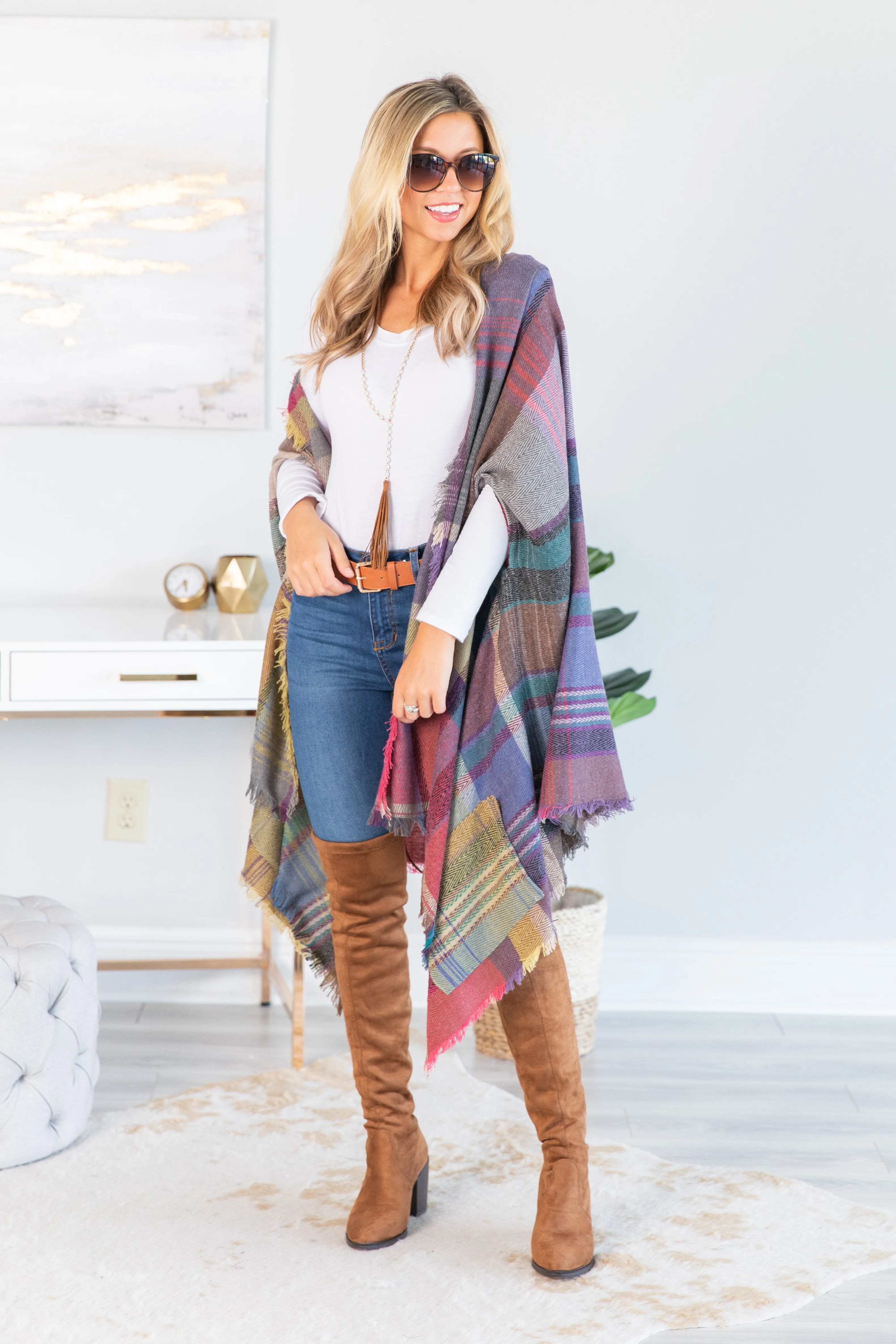 Fall Fun Plum Purple Plaid Open Poncho