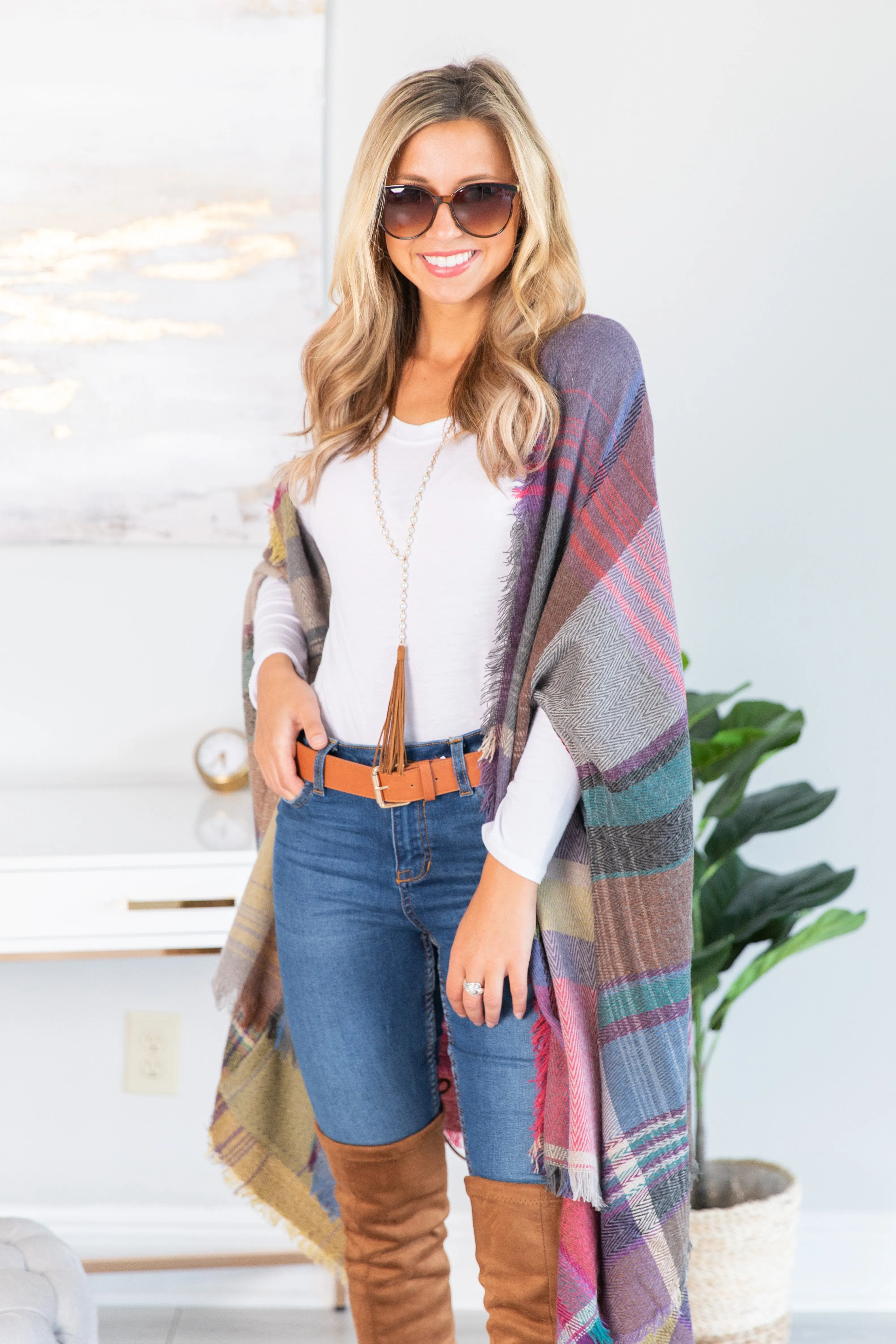 Fall Fun Plum Purple Plaid Open Poncho