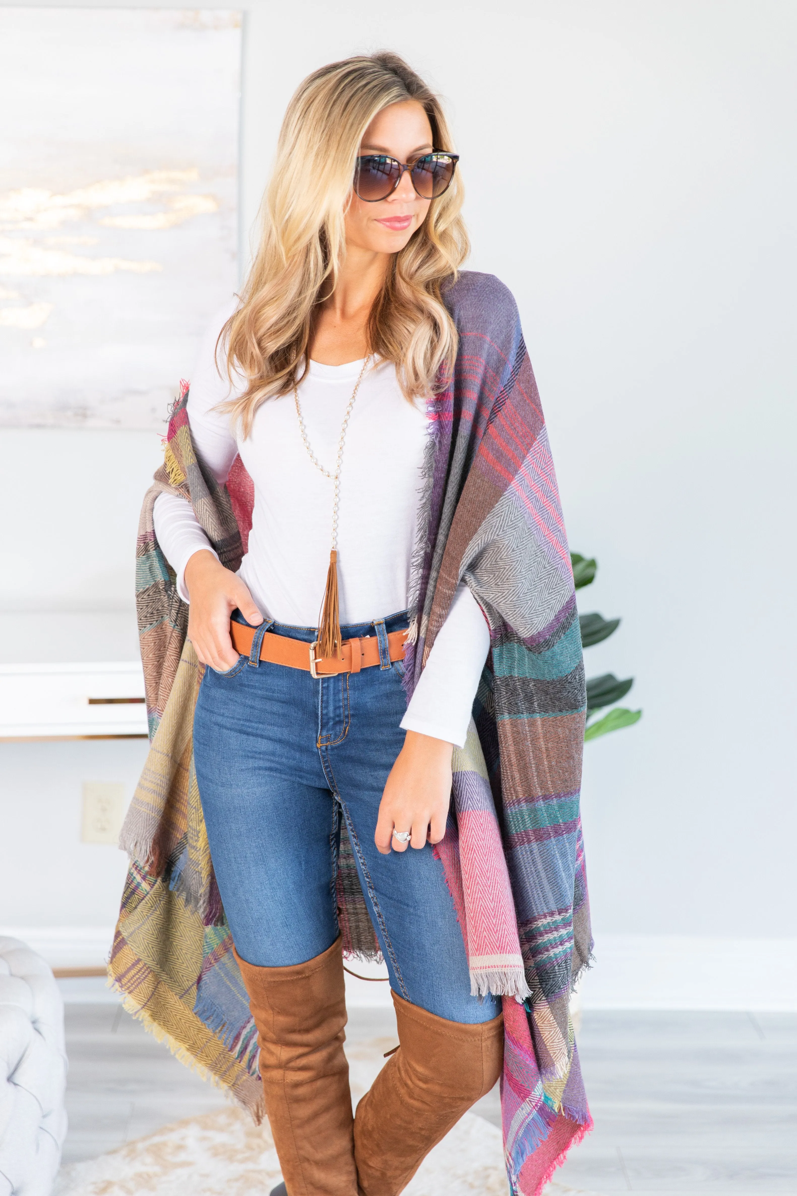 Fall Fun Plum Purple Plaid Open Poncho