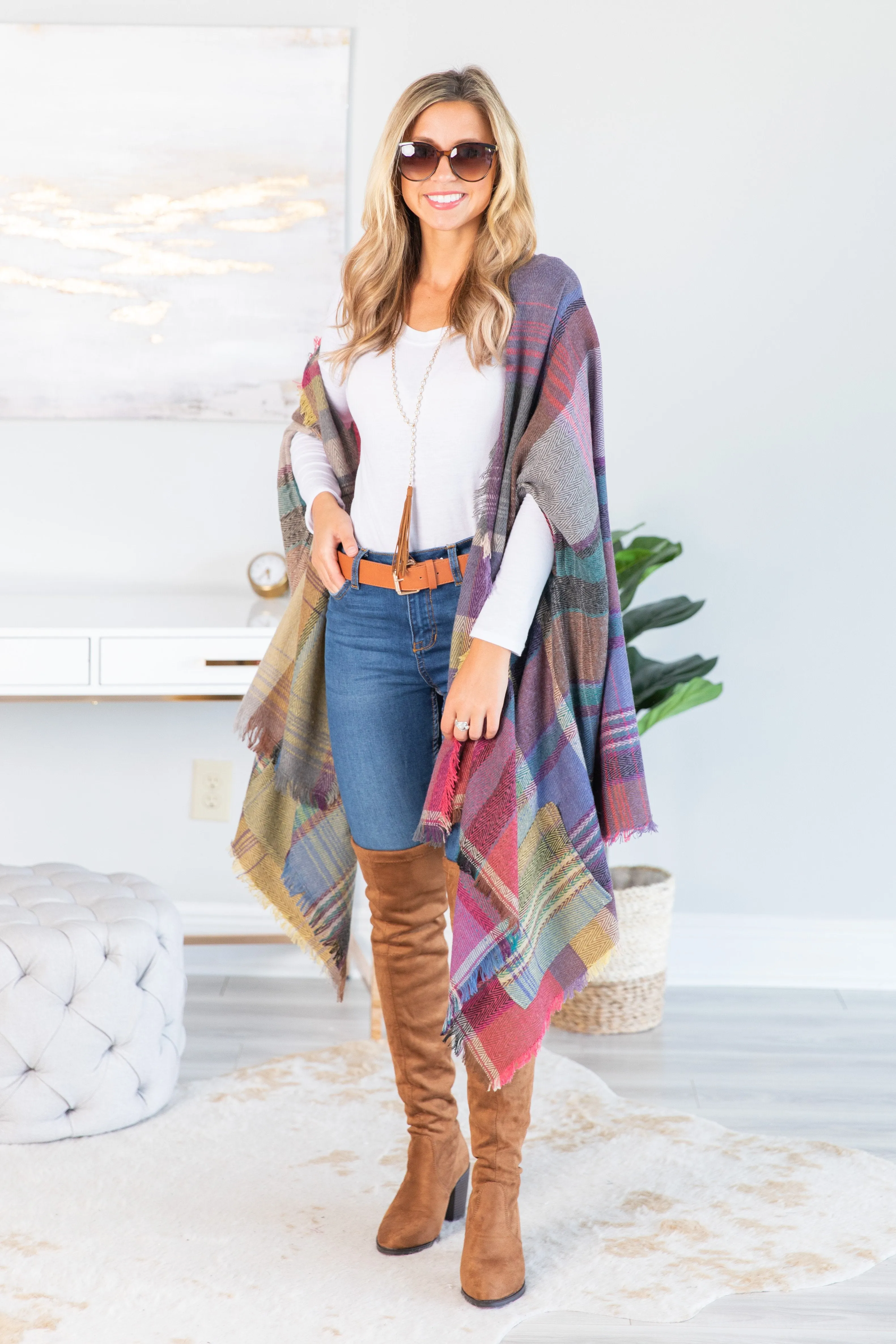 Fall Fun Plum Purple Plaid Open Poncho