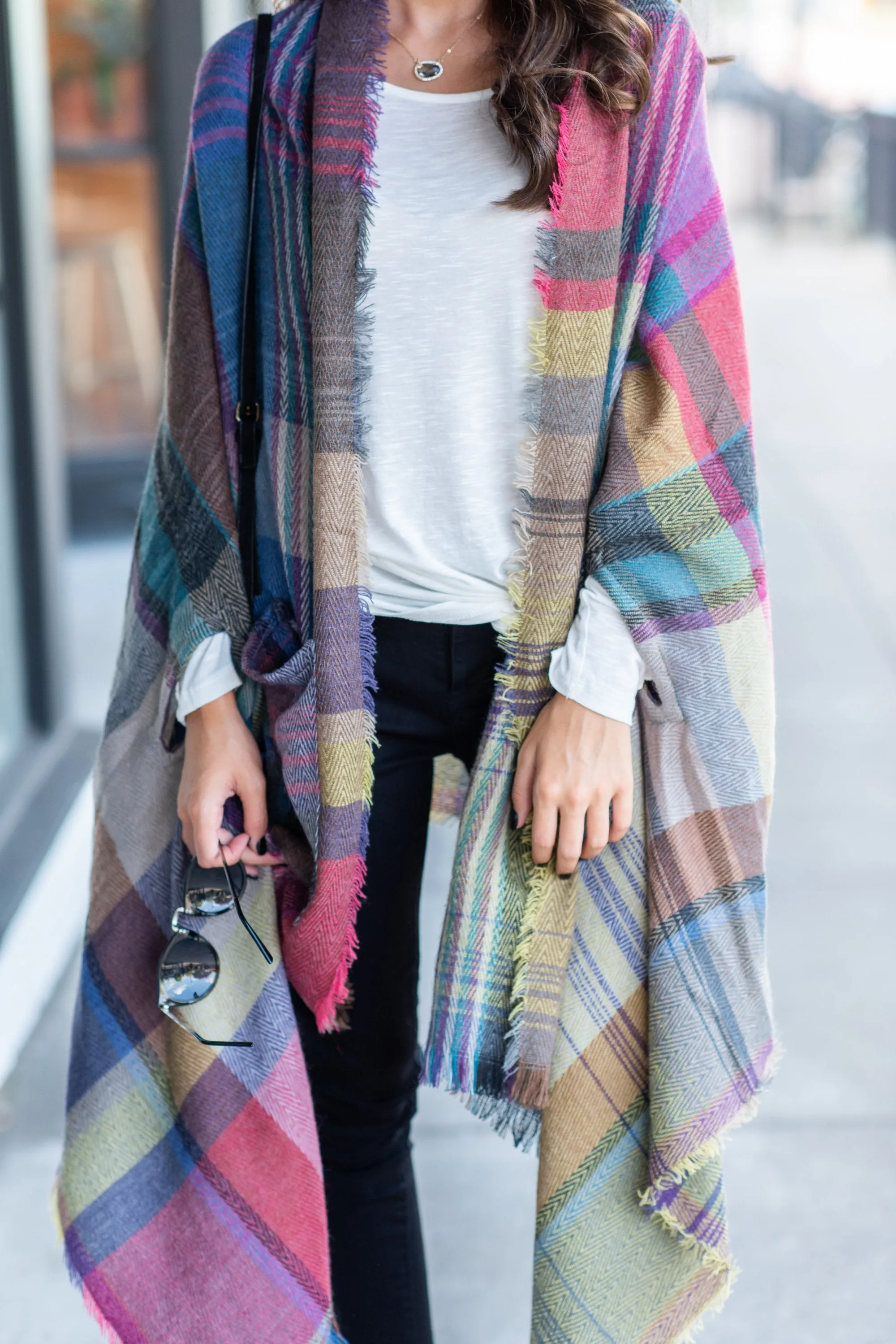 Fall Fun Plum Purple Plaid Open Poncho