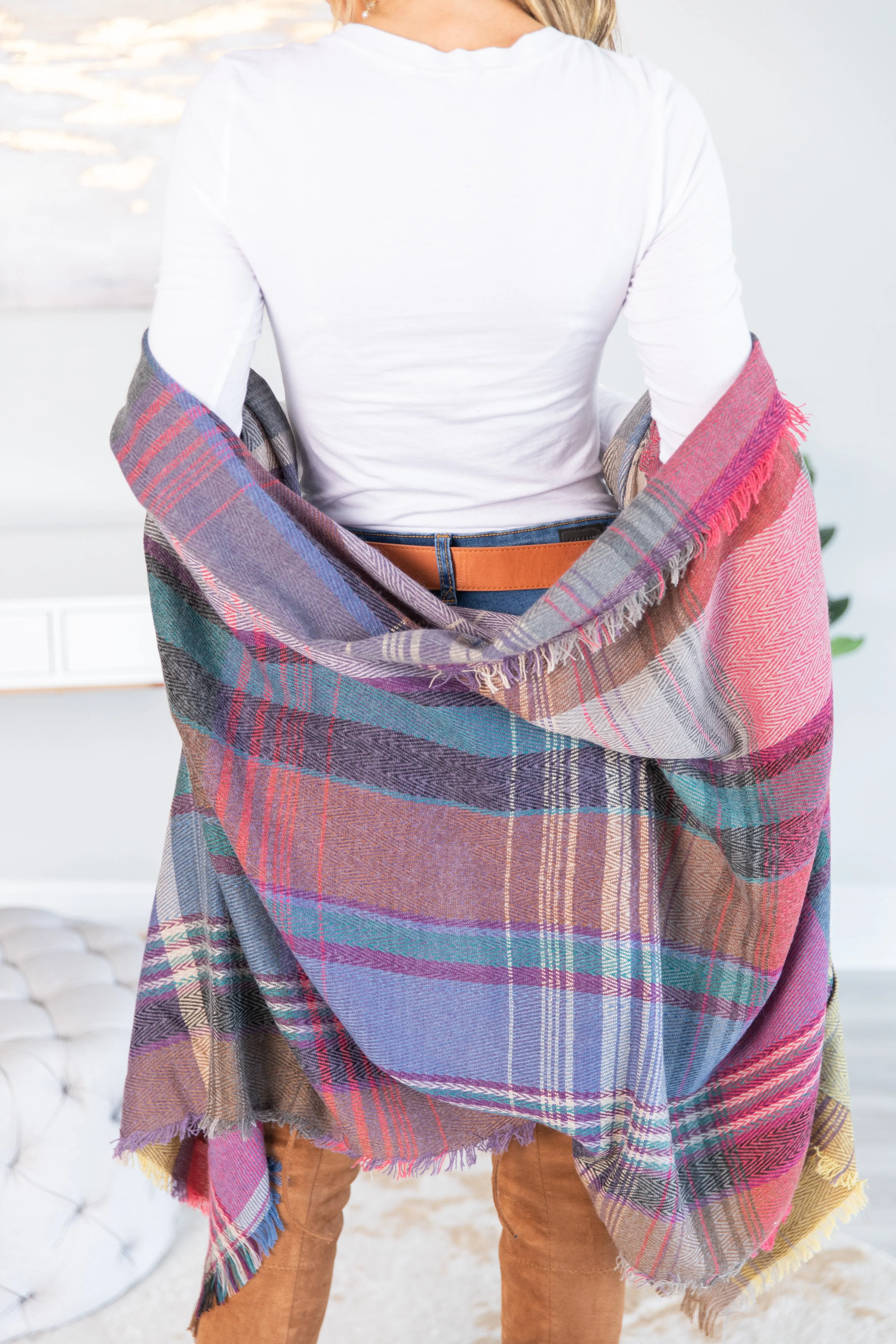 Fall Fun Plum Purple Plaid Open Poncho