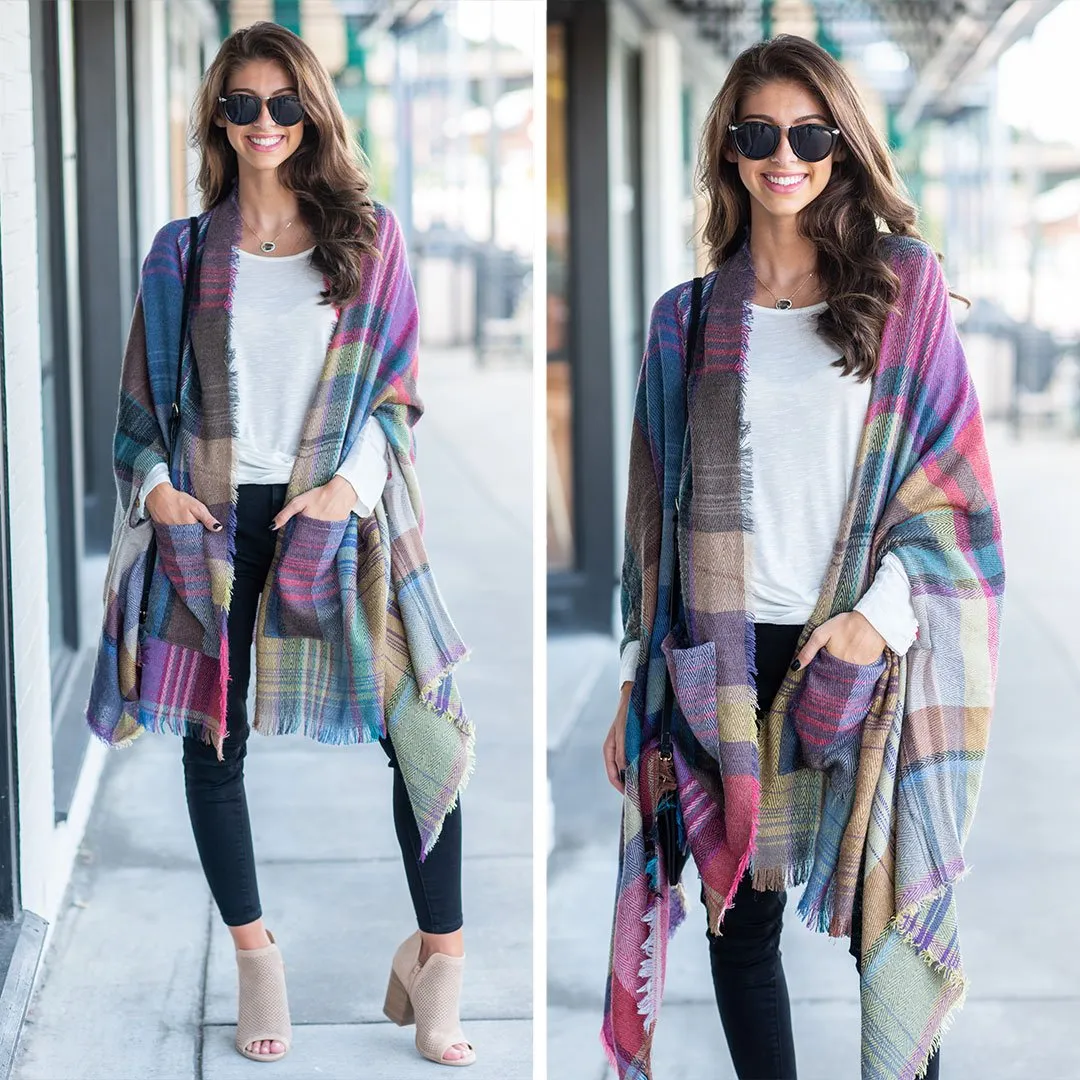 Fall Fun Plum Purple Plaid Open Poncho