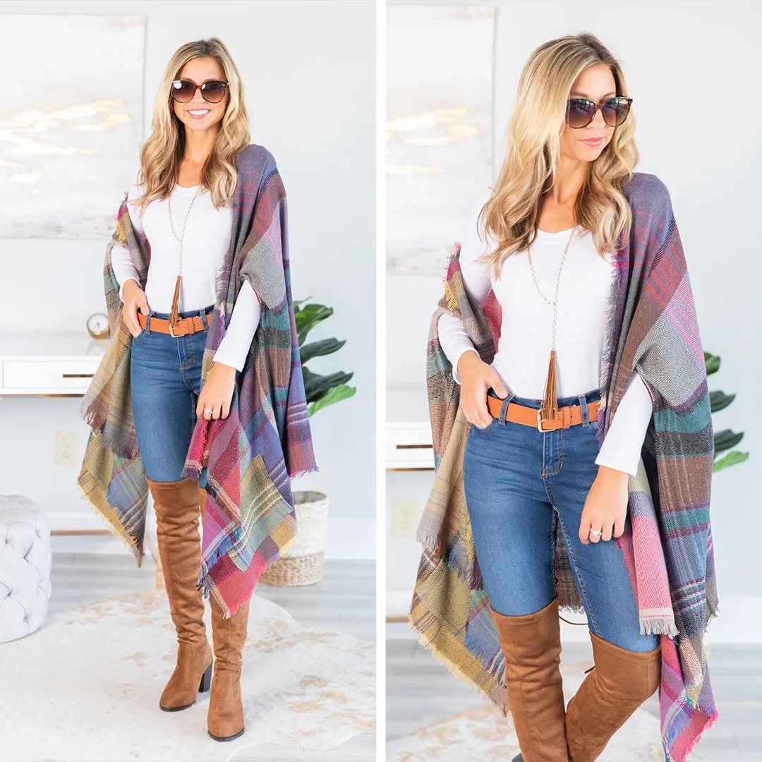 Fall Fun Plum Purple Plaid Open Poncho