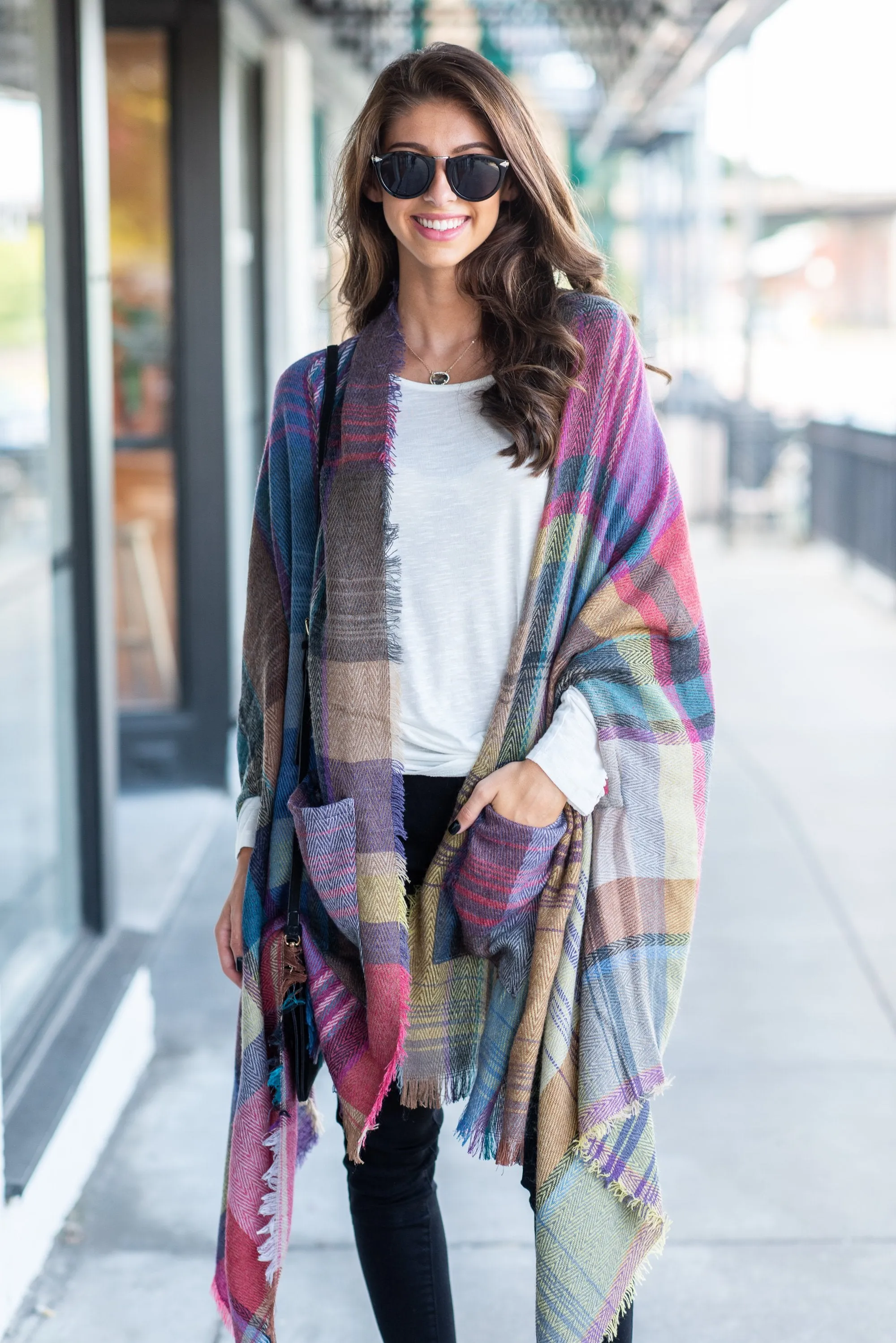 Fall Fun Plum Purple Plaid Open Poncho