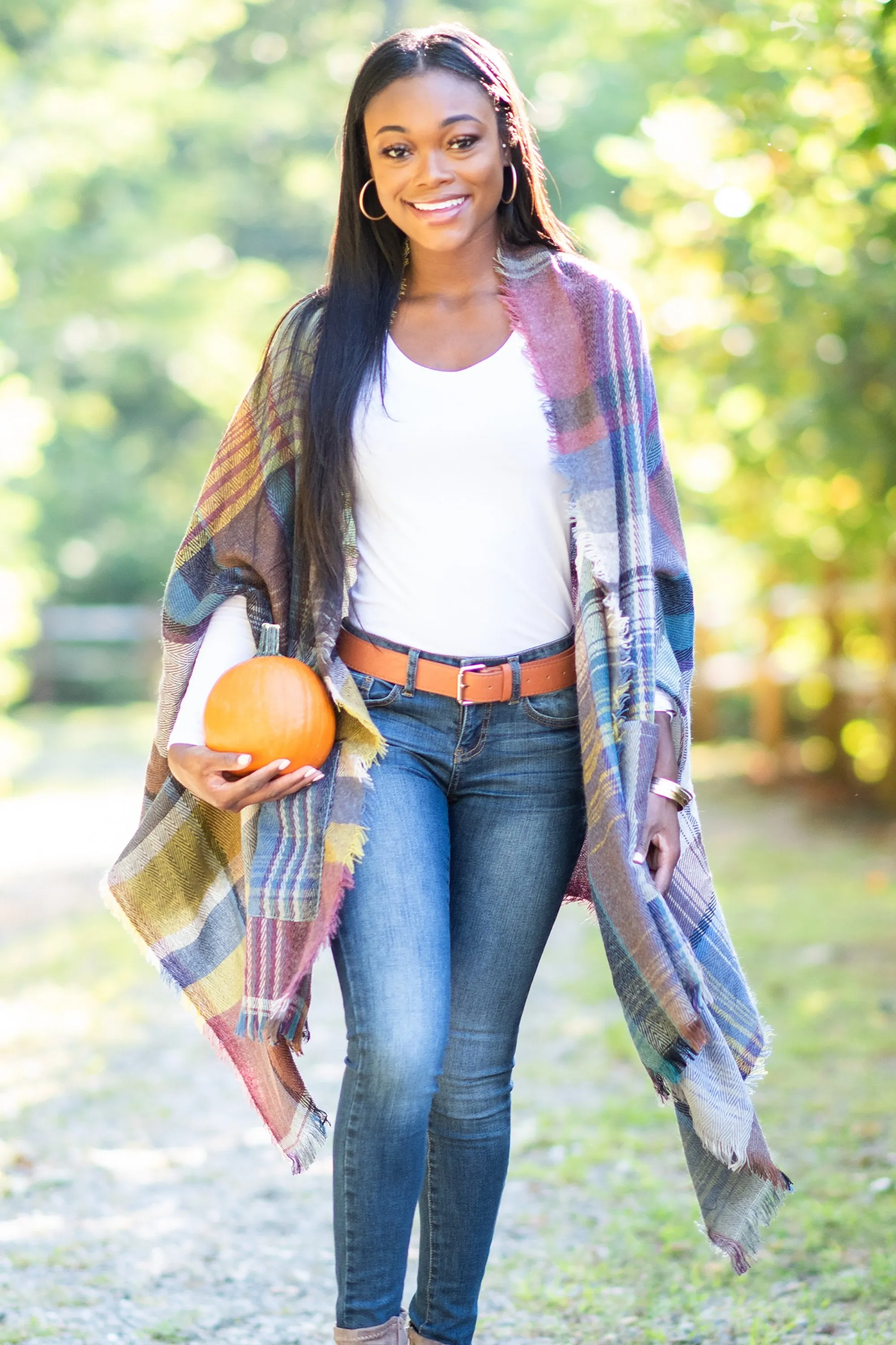 Fall Fun Plum Purple Plaid Open Poncho