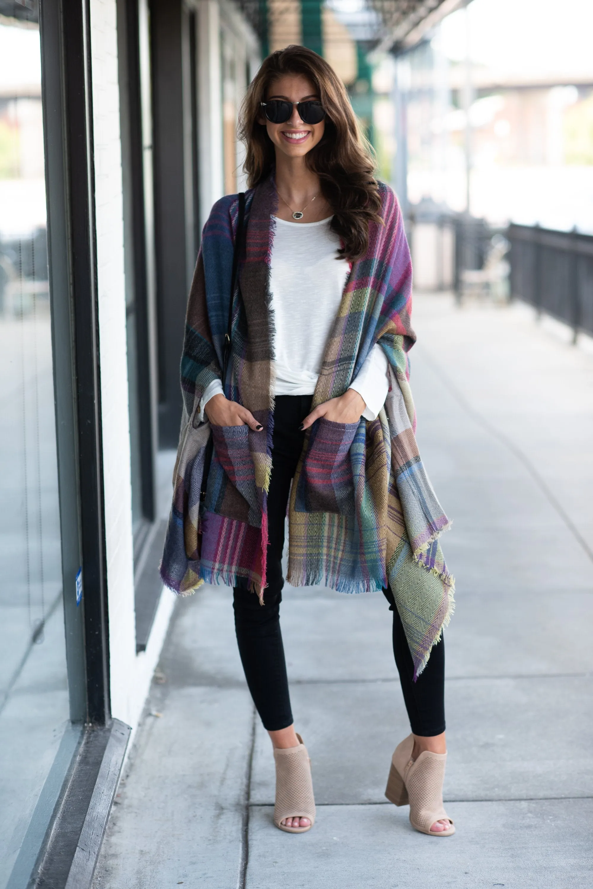 Fall Fun Plum Purple Plaid Open Poncho