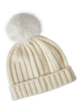 Faux Fur Pom Pom Cashmere Hat, Ivory