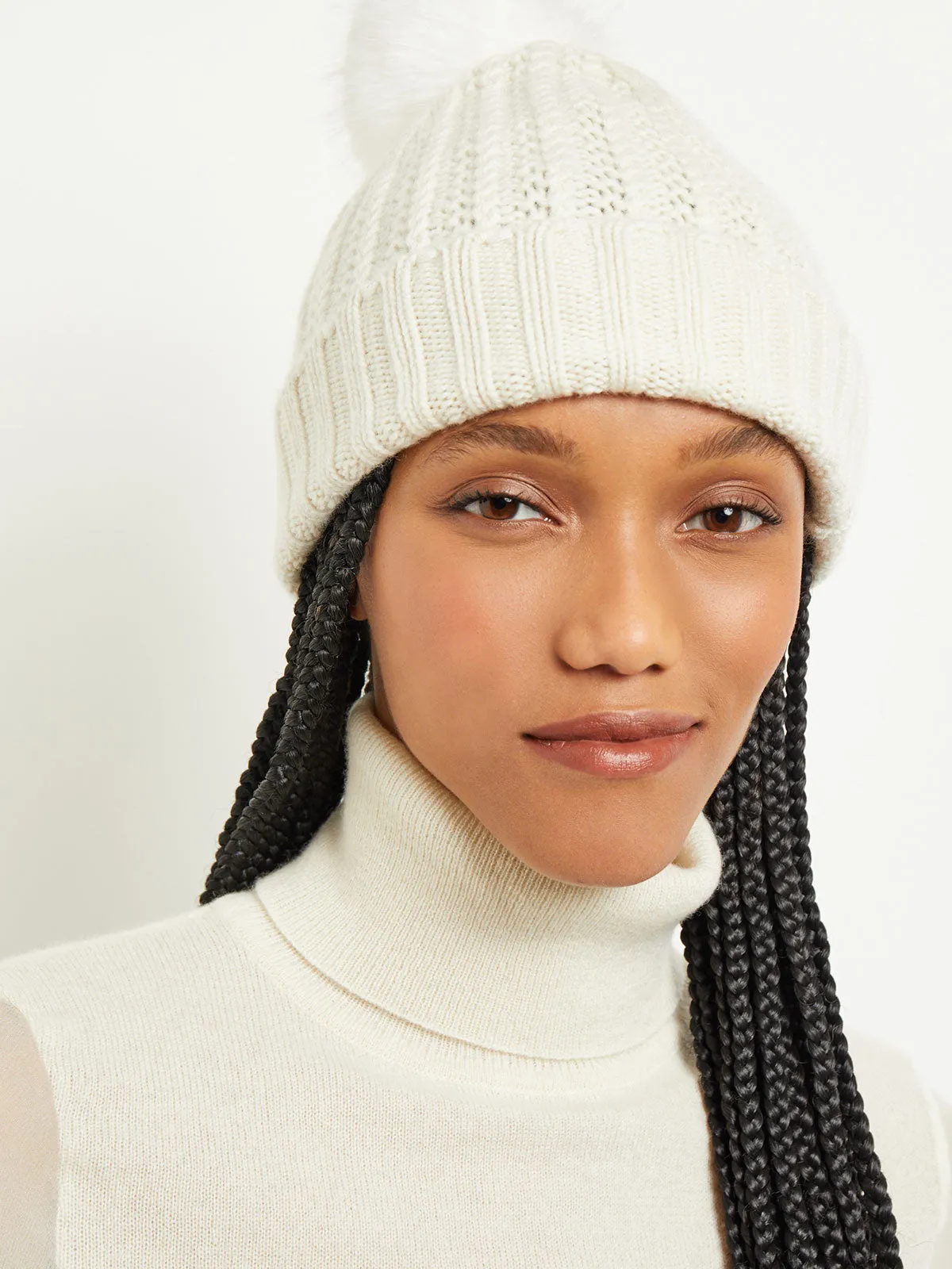 Faux Fur Pom Pom Cashmere Hat, Ivory