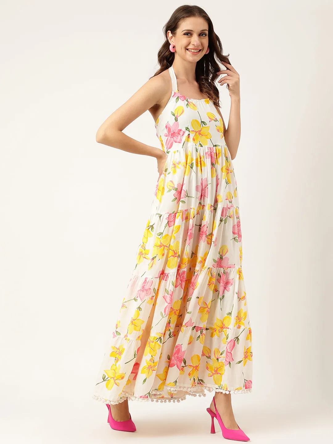 Floral Printed Halter Neck Cotton Casual Maxi Dress