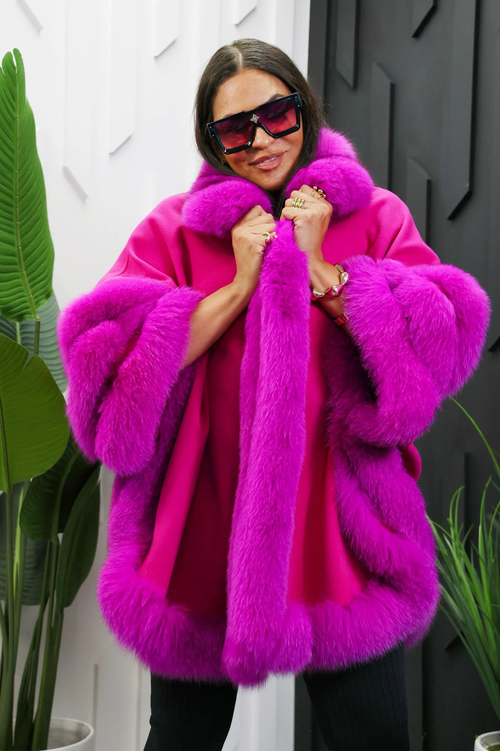 Fuchsia Wool and Fox Cape Fur