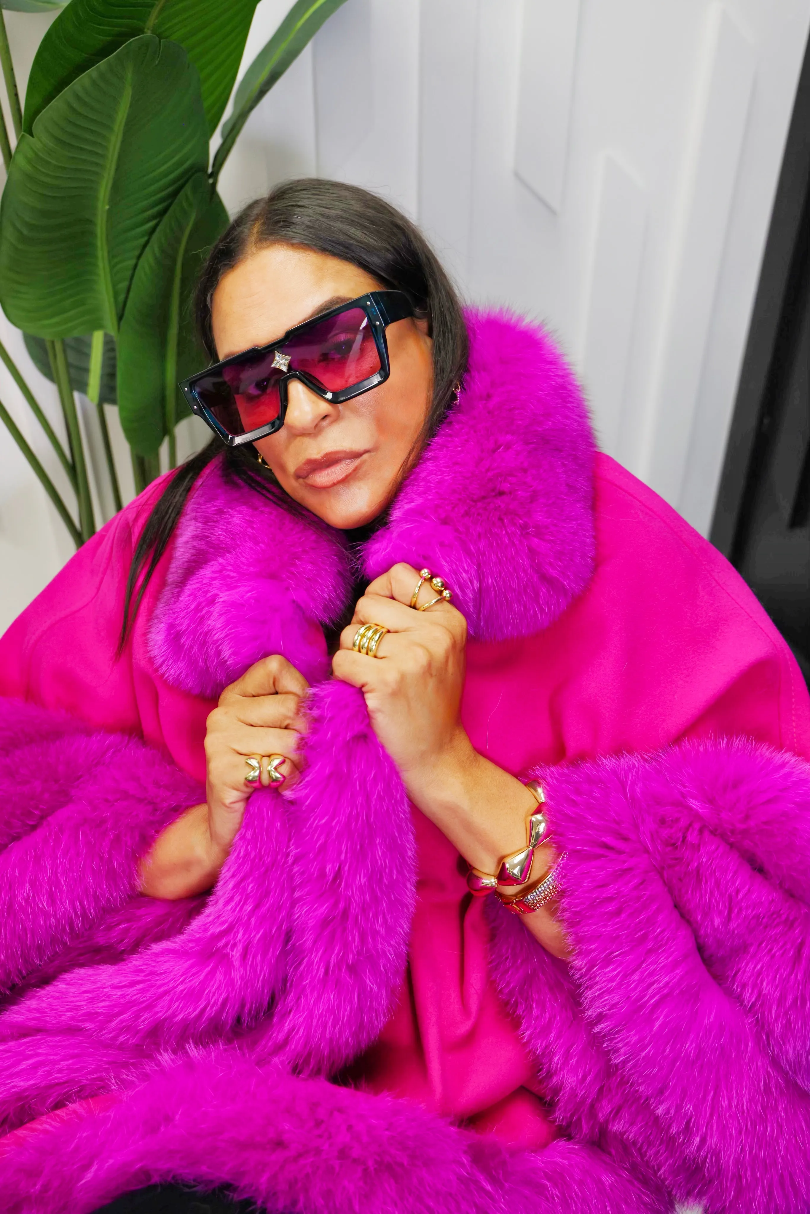 Fuchsia Wool and Fox Cape Fur