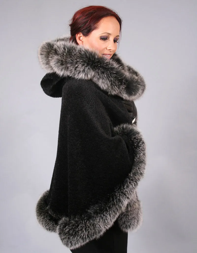 Full Band Hooded Alpaca Cape- Black Snow