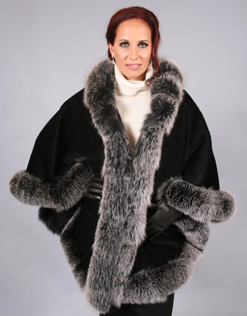 Full Band Hooded Alpaca Cape- Black Snow