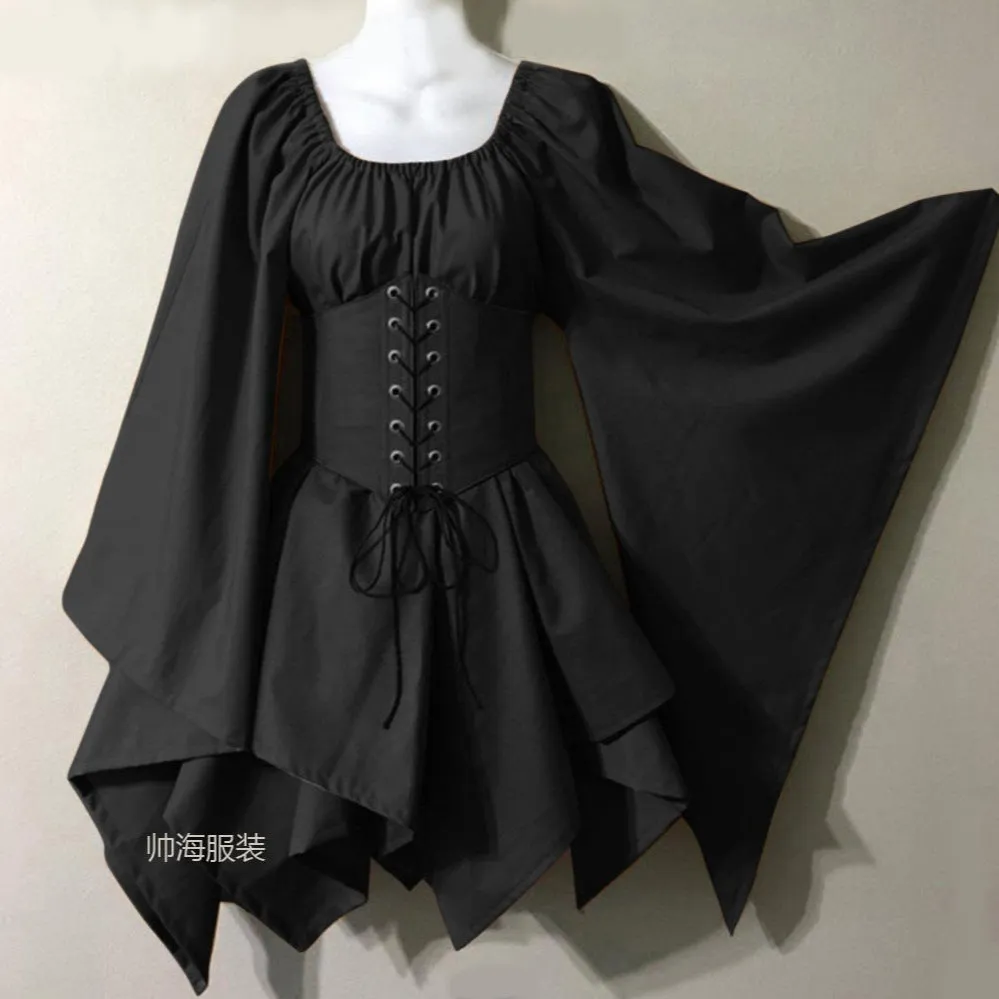 Girlary-shop group halloween costumes New Party Women's Long Sleeve Renaissance Medieval Bell Sleeve Dress