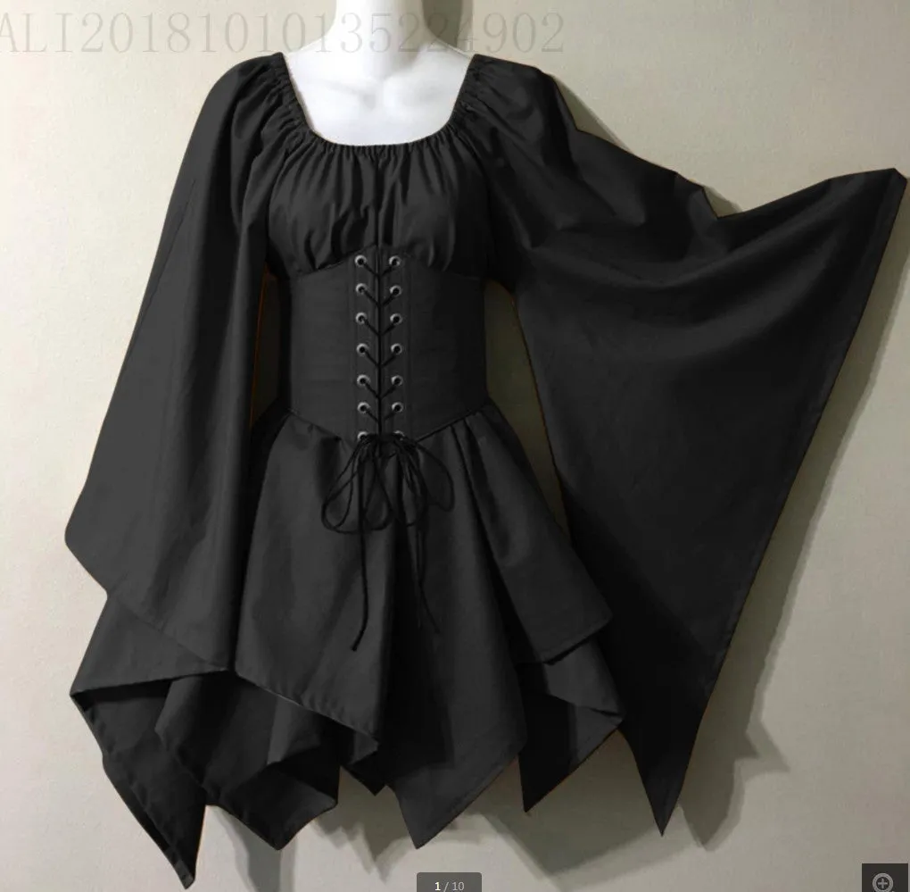 Girlary-shop group halloween costumes New Party Women's Long Sleeve Renaissance Medieval Bell Sleeve Dress