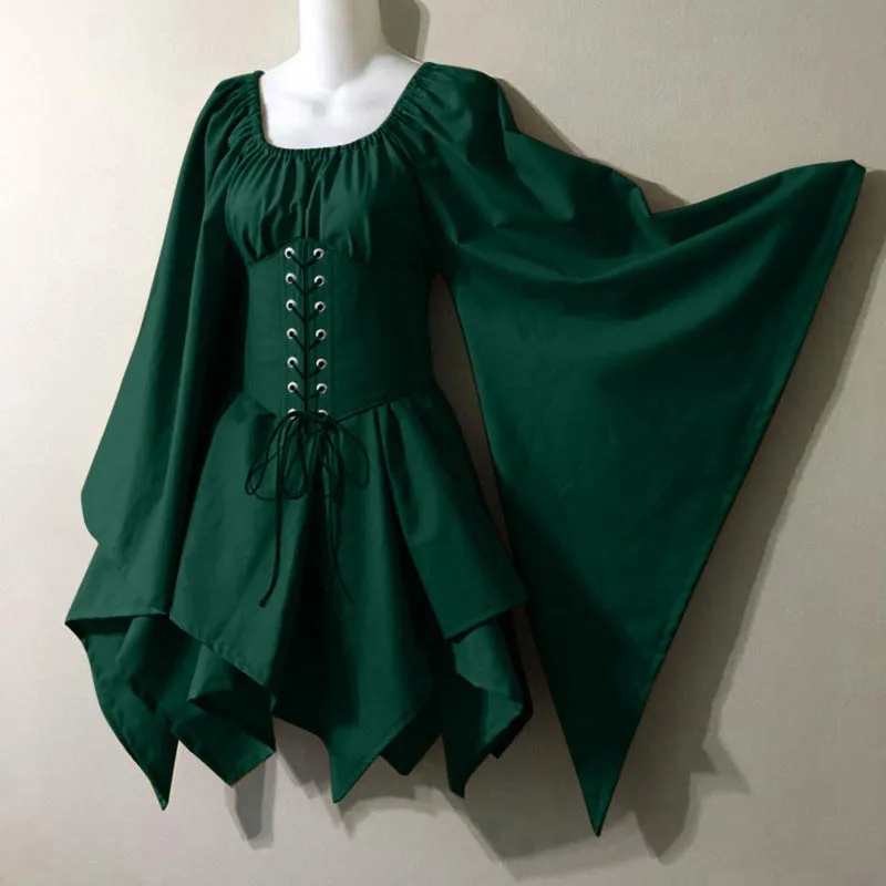 Girlary-shop group halloween costumes New Party Women's Long Sleeve Renaissance Medieval Bell Sleeve Dress