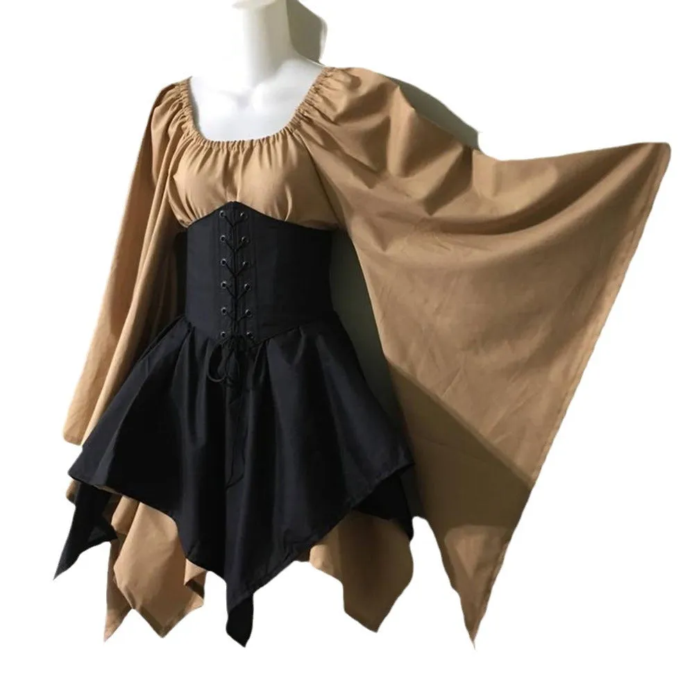 Girlary-shop group halloween costumes New Party Women's Long Sleeve Renaissance Medieval Bell Sleeve Dress