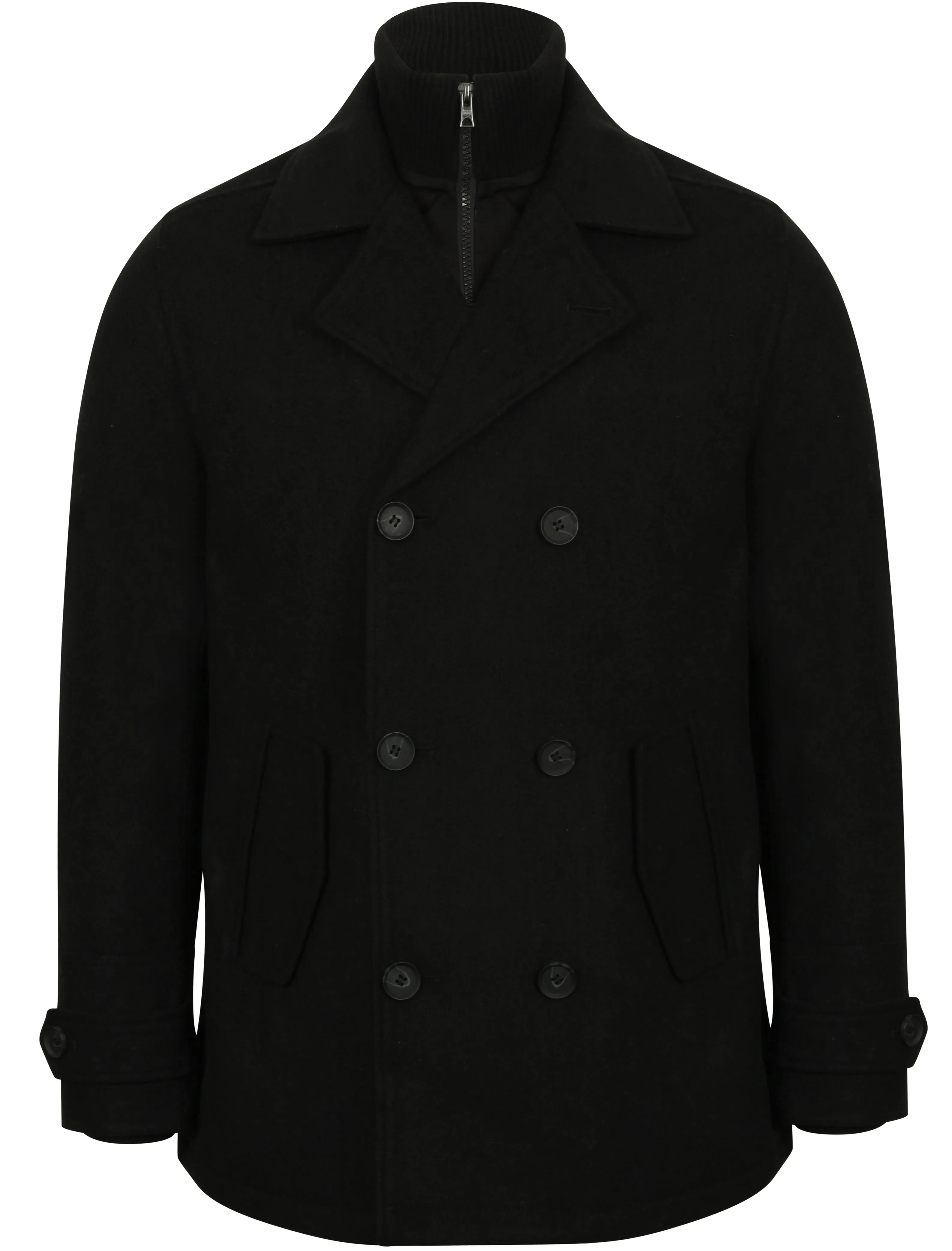 Hexacode Wool Blend Double Breasted Mock Insert Coat in Black - Tokyo Laundry