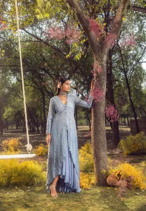 Ink Blue Jacket With Lehenga And Bustier