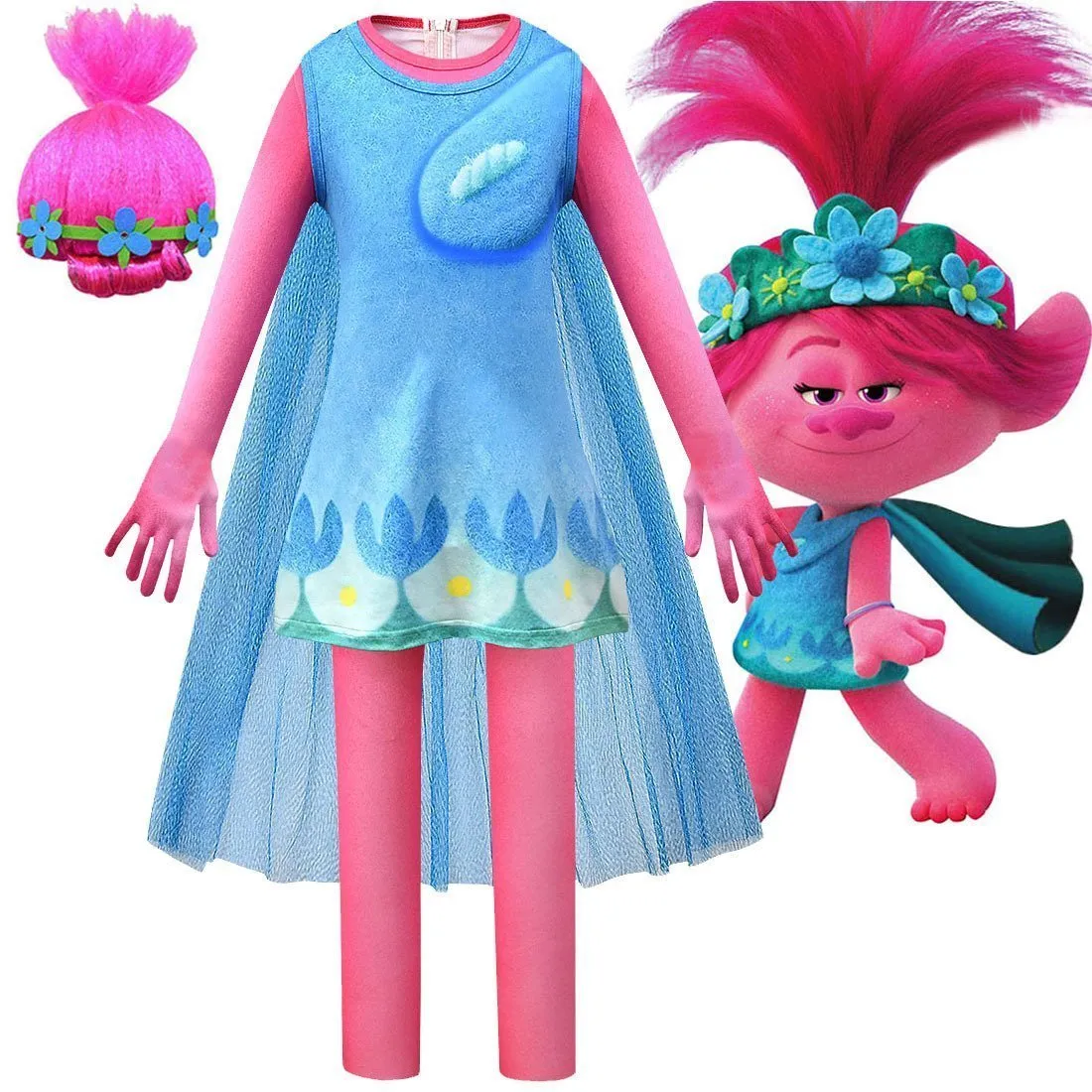 Kids Girl Trolls 2 World Tour Poppy Costume Cosplay ZenTai Short Sleeve Cape Dress