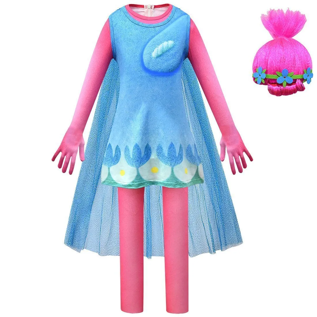 Kids Girl Trolls 2 World Tour Poppy Costume Cosplay ZenTai Short Sleeve Cape Dress