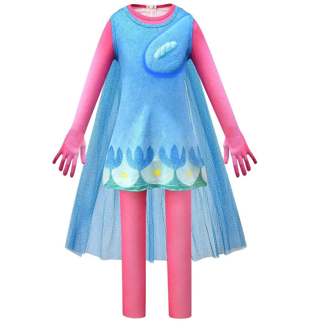 Kids Girl Trolls 2 World Tour Poppy Costume Cosplay ZenTai Short Sleeve Cape Dress